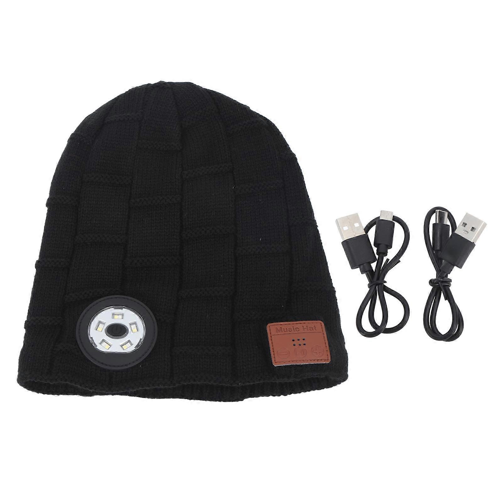 Beanie BT Black USB Charging Warm Enhancing Lining Adjustable Brightness Music Light Hat for Camping