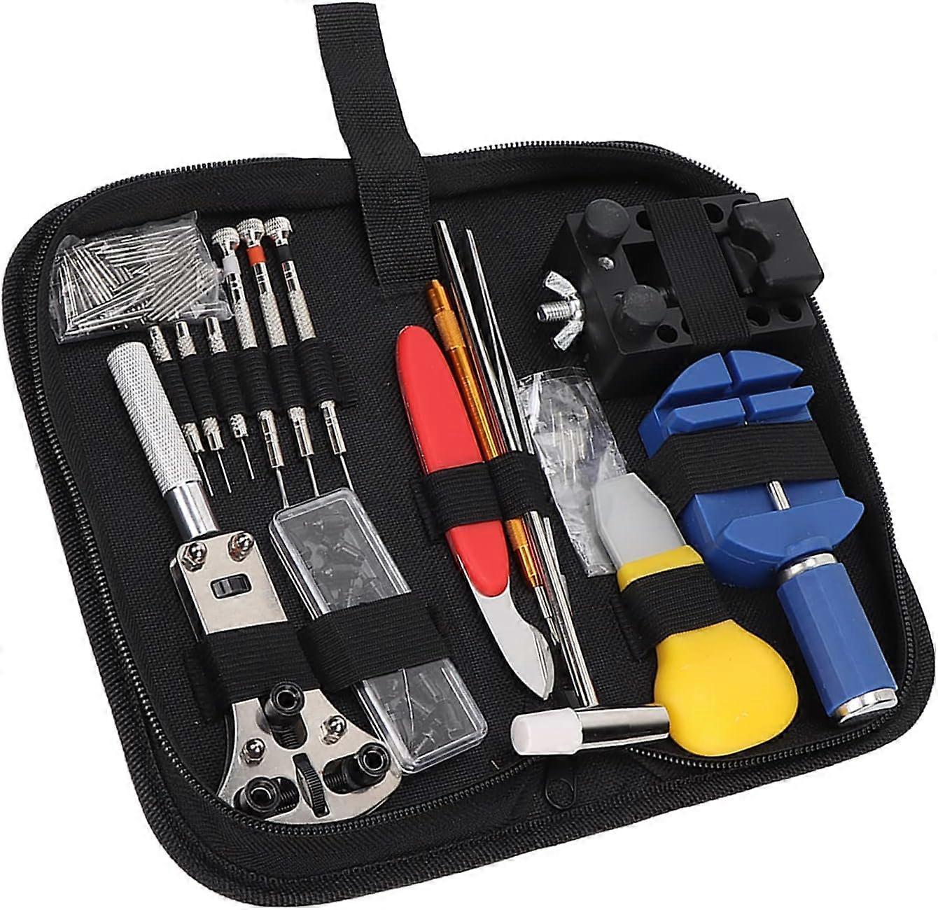 Watch repair kit 144piece set with strap remover, spring bar tool, adjustable case opener and fabric storage bag for easy repairs.