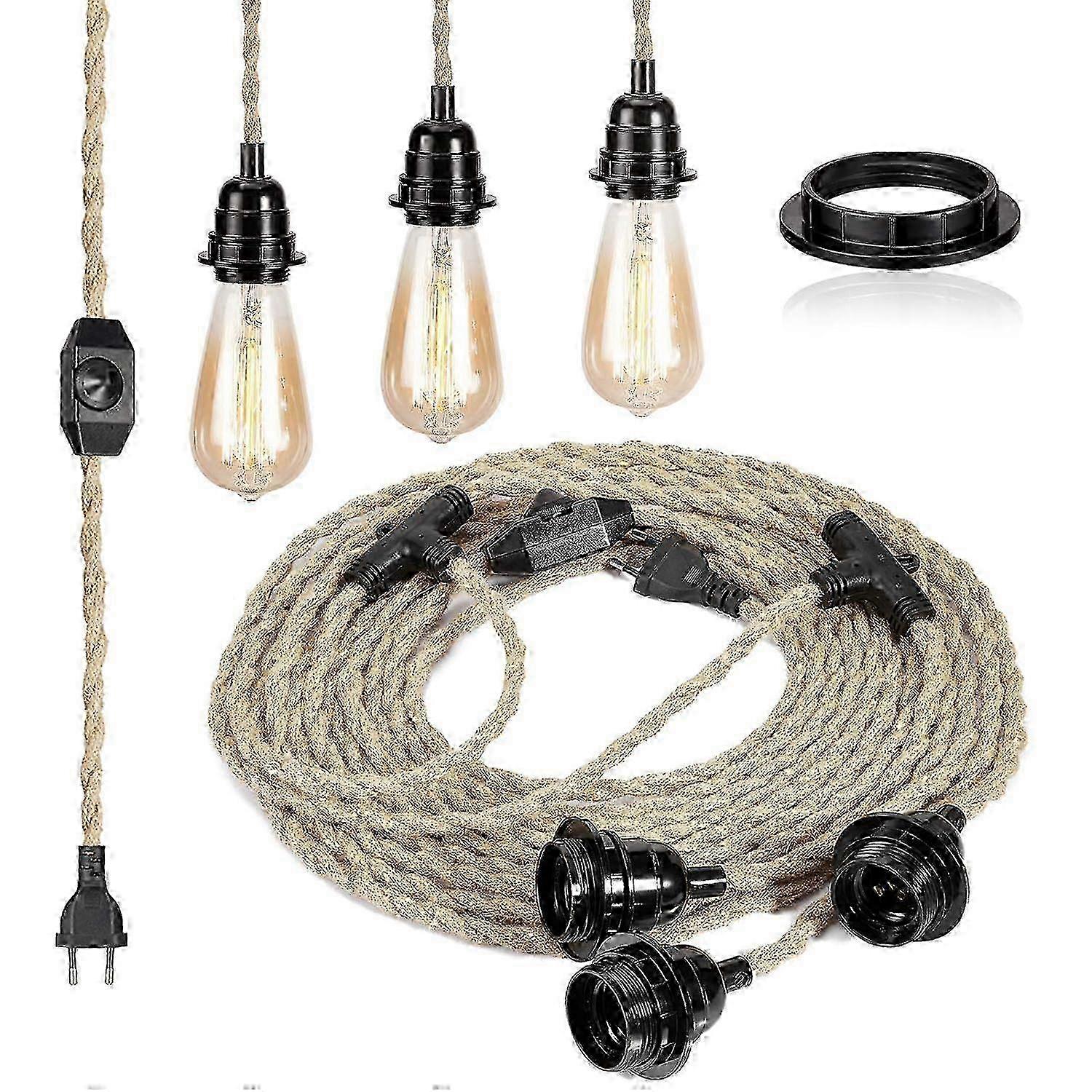 6.8M 2-Conductor Linen Electric Cable, with E26/E27 Socket (3 sockets) and Dimmable Switch, for DIY Lamp (without bulb)