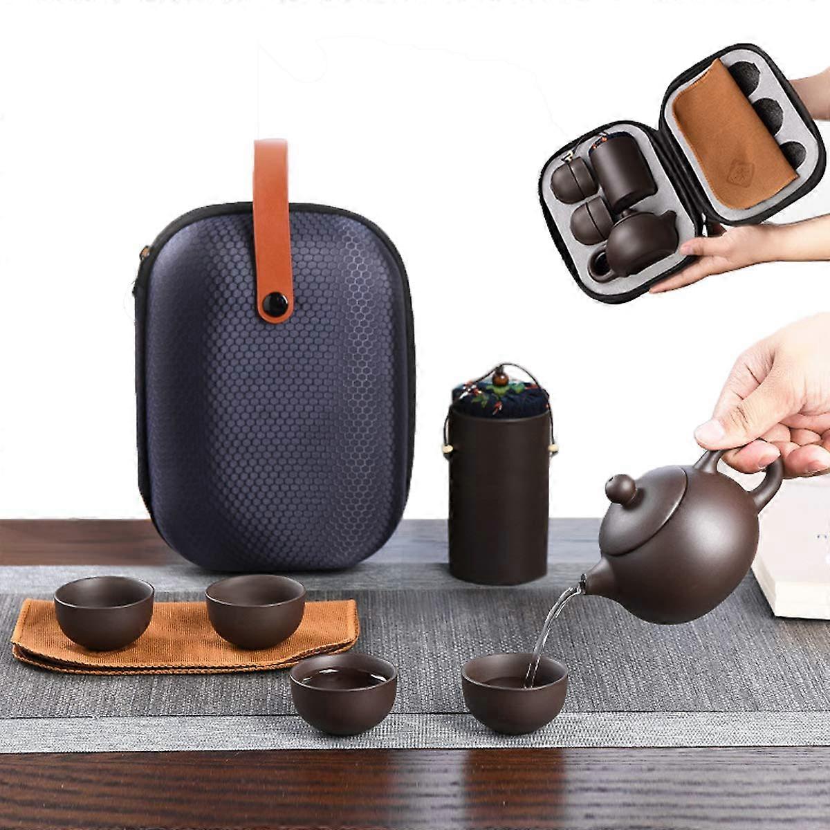 Porcelain Tea Service Modern Travel Tea Set with Teapot, 4 Cups, Tea Mat, and Protective Bag for Home and Gift Use