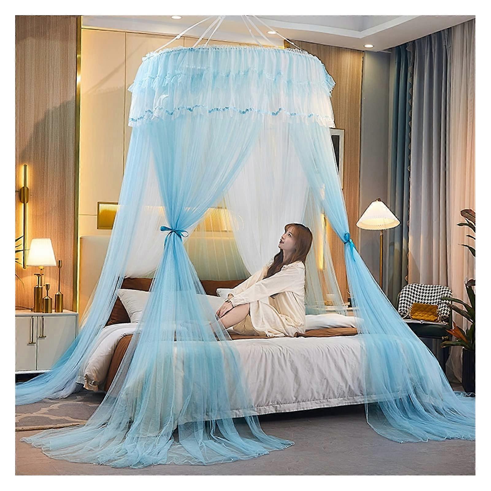 Aqua Blue Lace Bed Canopy Tent Sheer Mesh Mosquito Net for Double Bed 1.8m x 2.0m Elegant Princess Style Hanging Curtains