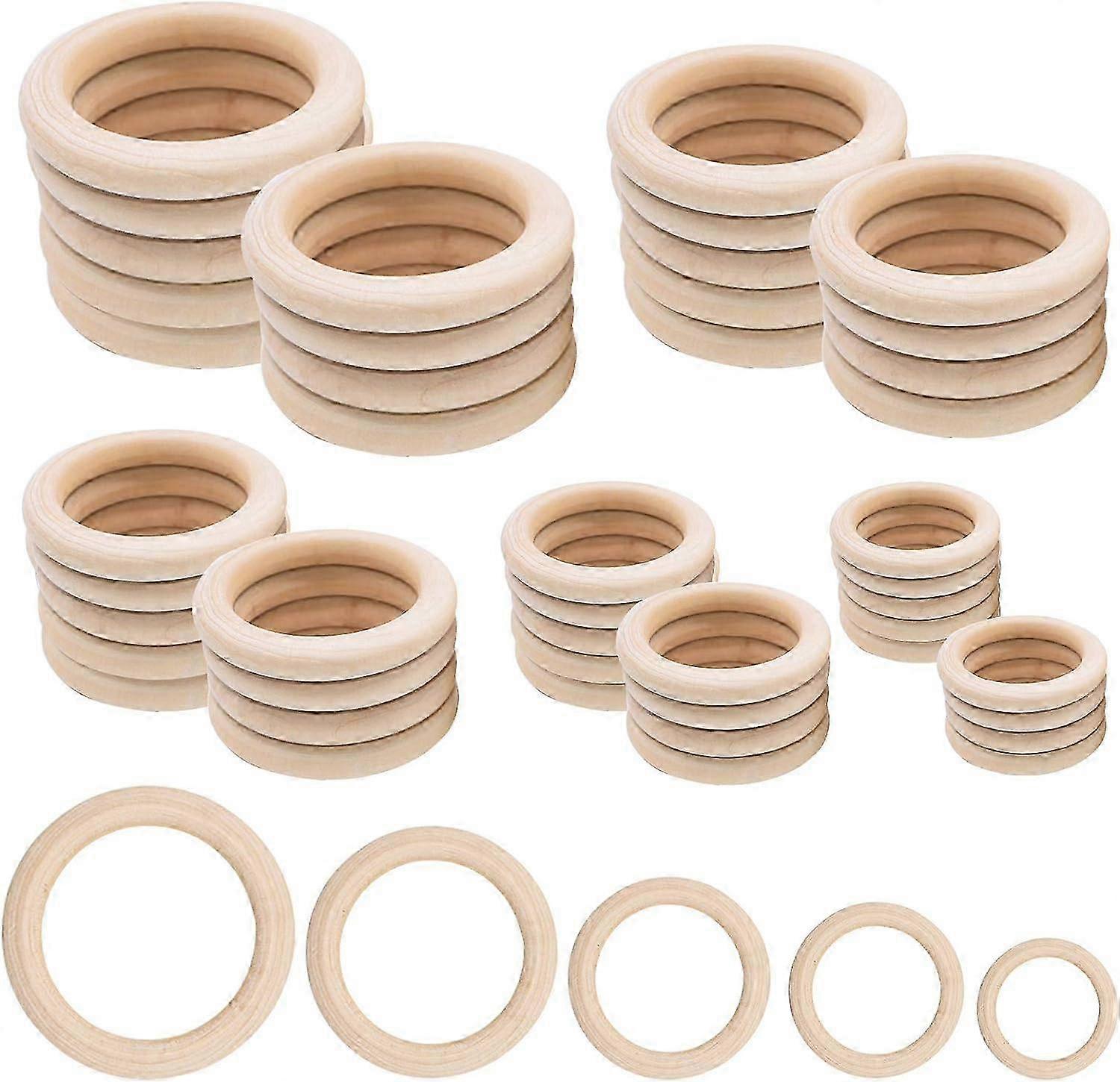 Pack of 50 Natural Wooden Rings - 5 Different Sizes - Suitable for Crafts, Jewelry, Macrame