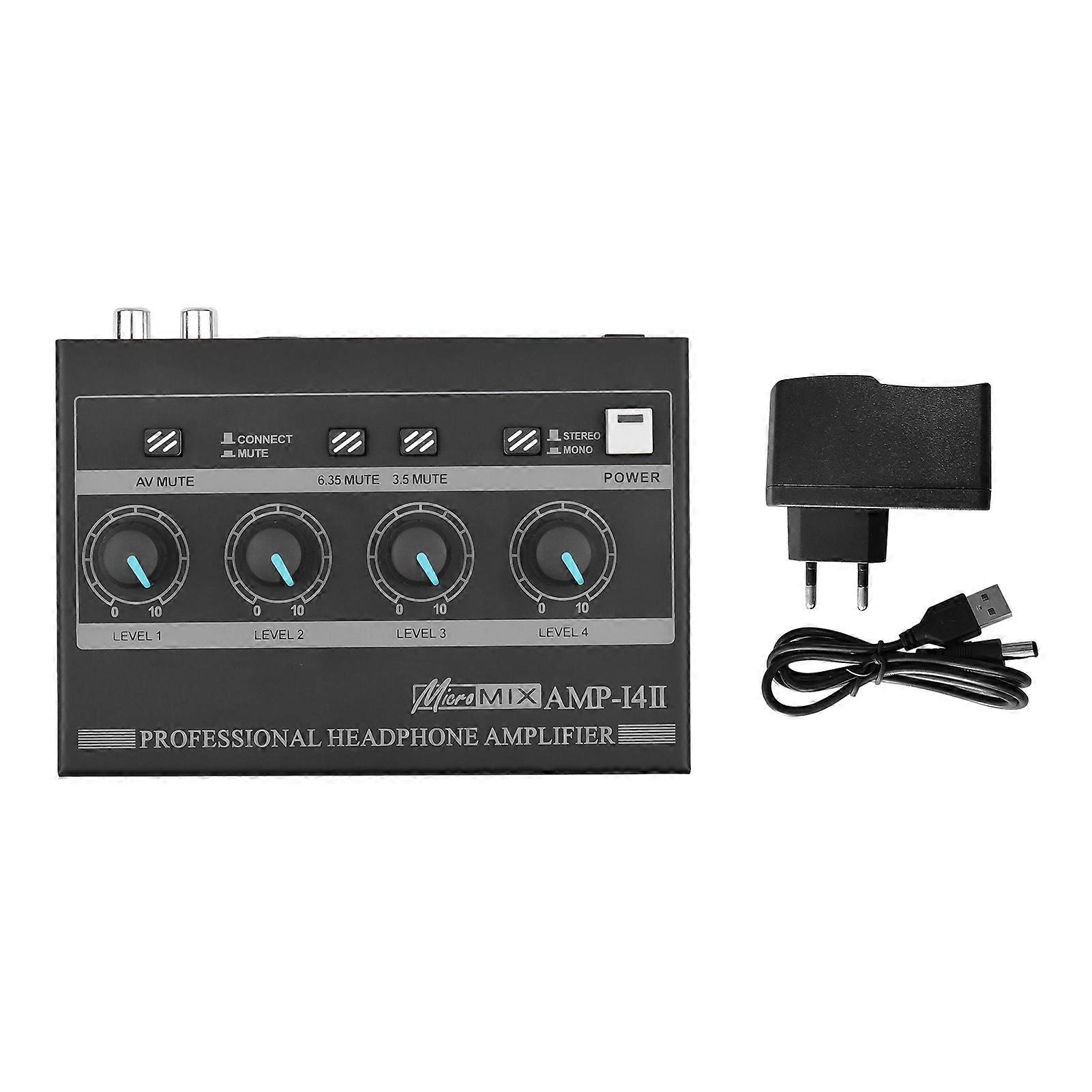 AMP-14 4-Channel Amplifier Compact Stereo Headphone Amp with RCA/6.35mm/3.5mm Input Volume Control