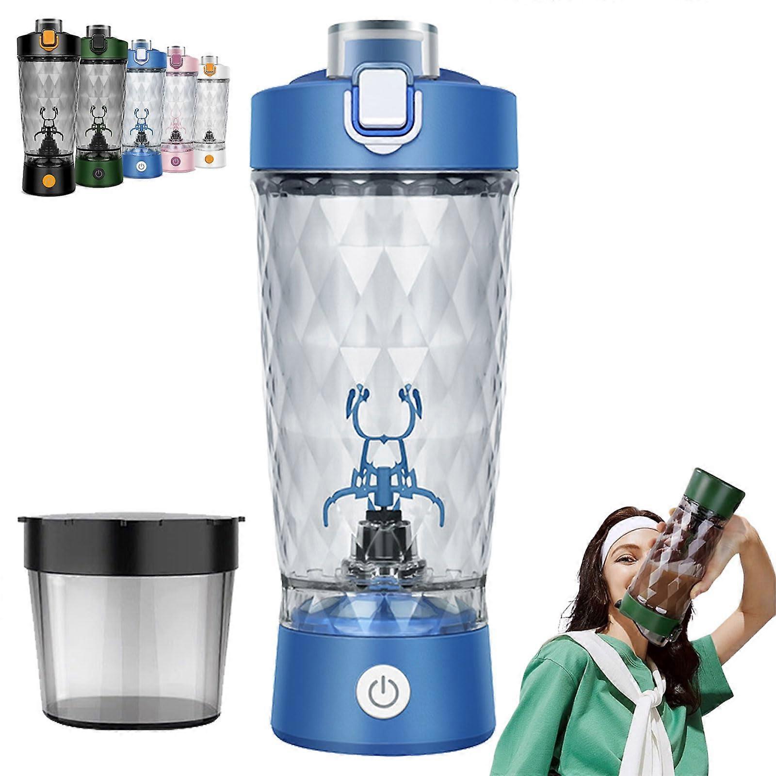 Problend One-Touch Shaker Bottle 22 oz Electric Protein Mixer with Powder Box USB Rechargeable Blue