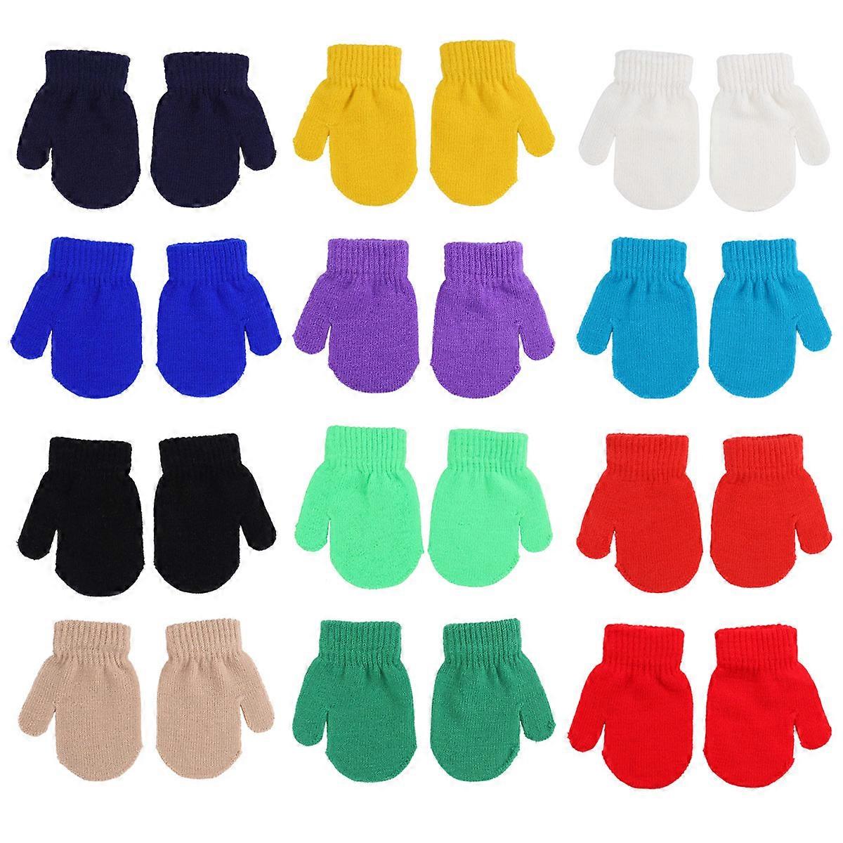 Cozy Gloves Acrylic Children's Winter Warm Monochrome Knitted Gloves Full Finger Coverage Comfortable 12Pairs