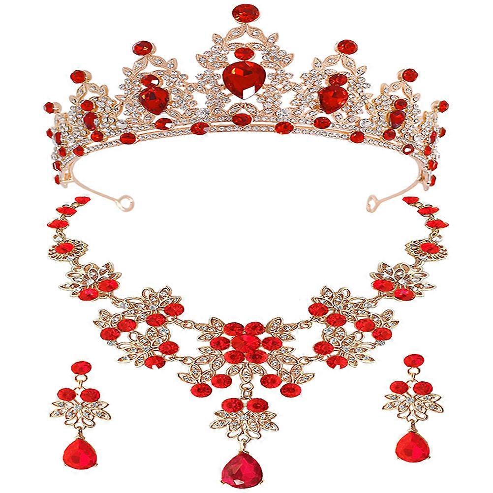 エレガントなブライダルジュエリーセット、ティアラ、結婚式の花嫁のためのネックレスとイヤリング、魅力的な結婚式のパーティーの装飾のための赤いブライダルアクセサリー