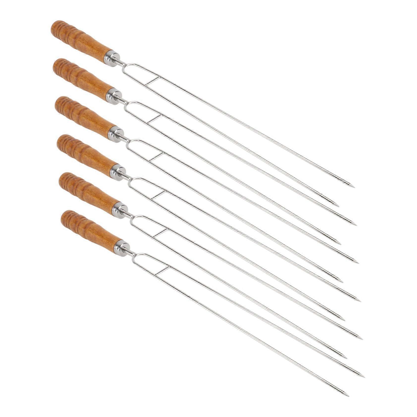 Grill Skewers 6-Pack With Wooden Handle Stainless Steel Double-Point Tips For Meat And Vegetables