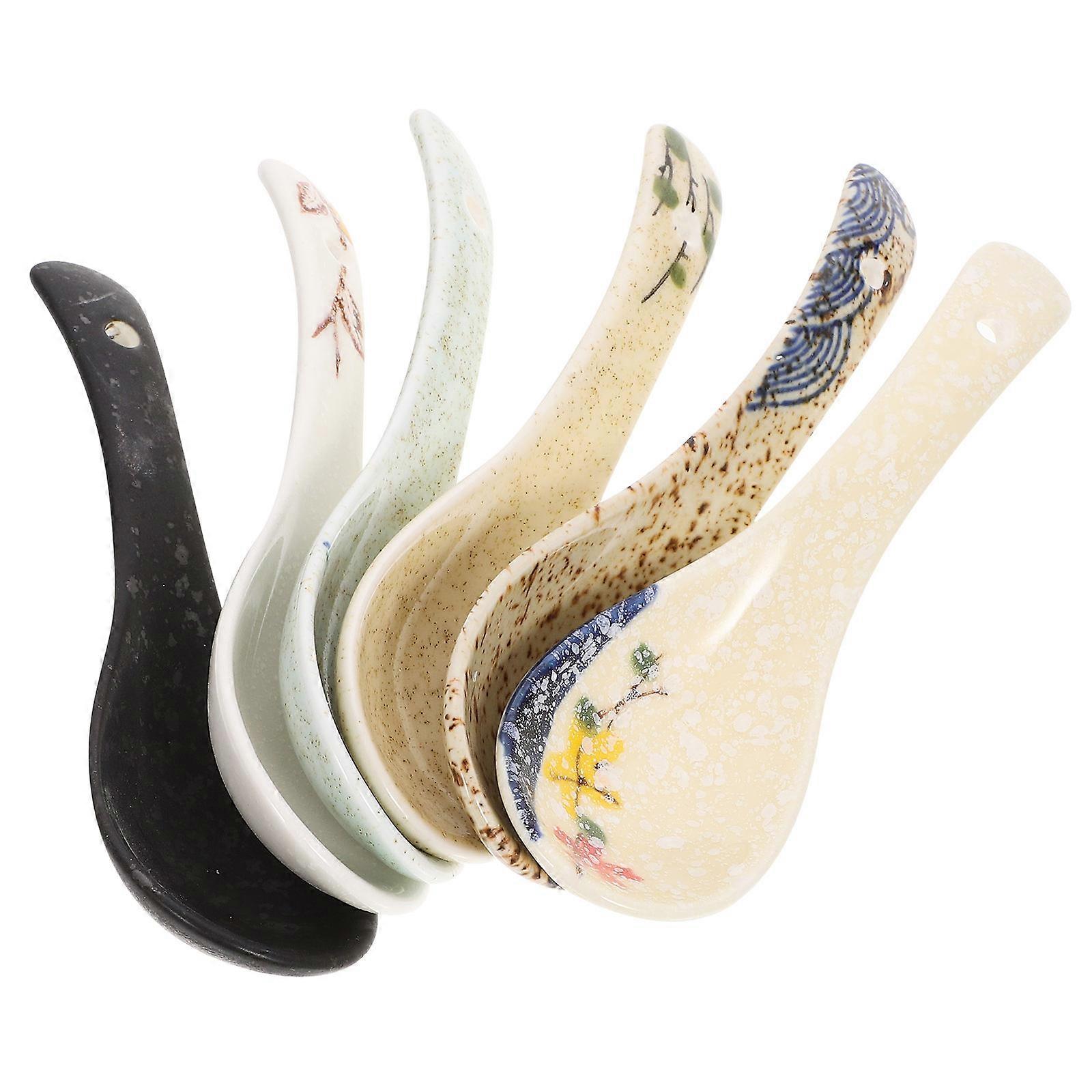 6Pcs Ceramic Soup Spoons For Kitchen Use Adults Retro Style Assorted Color Food Serving Tools