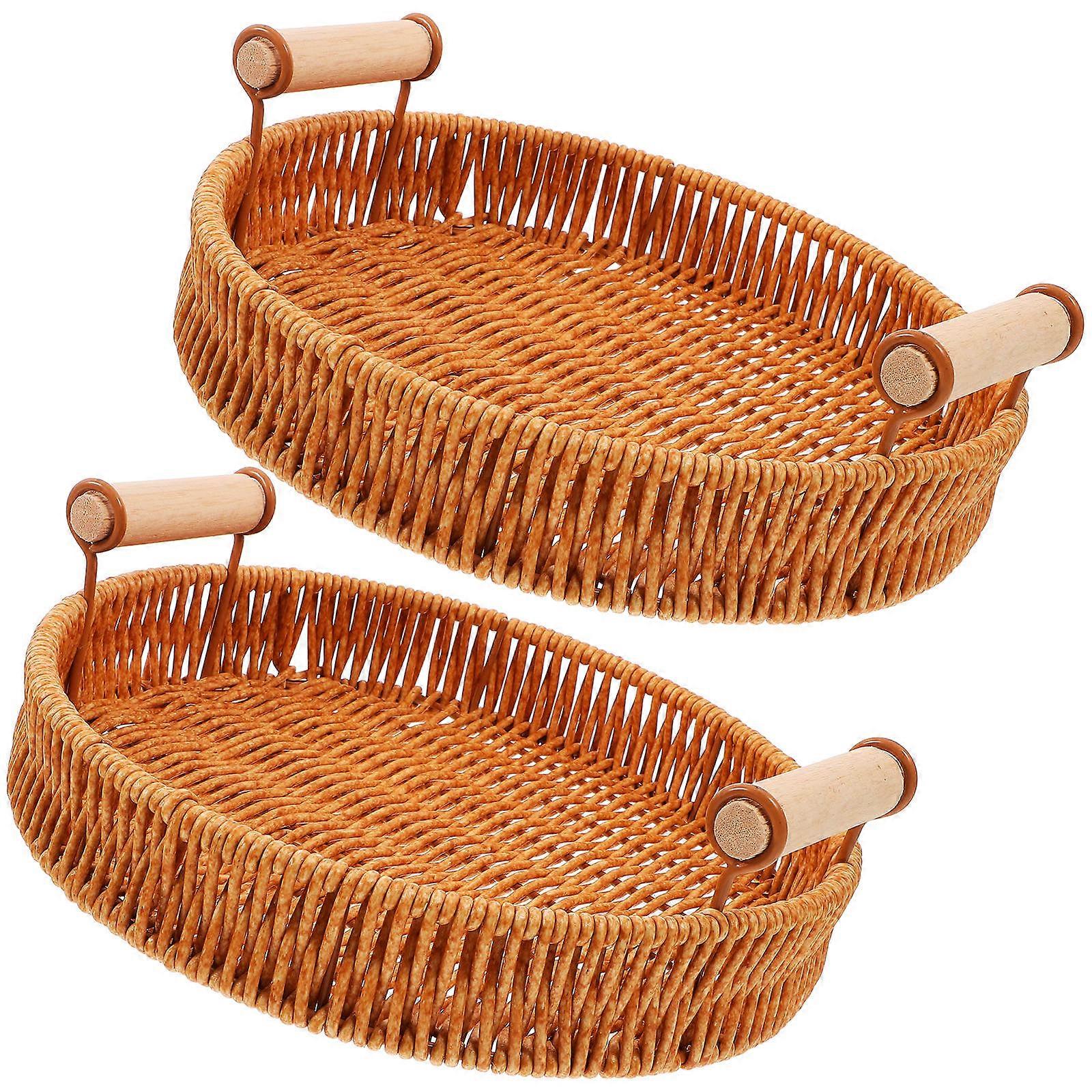 Handwoven Rattan Baskets Set of 2 Japanese Style Storage Serving Trays with Handles for Picnic Organization and Food Presentation