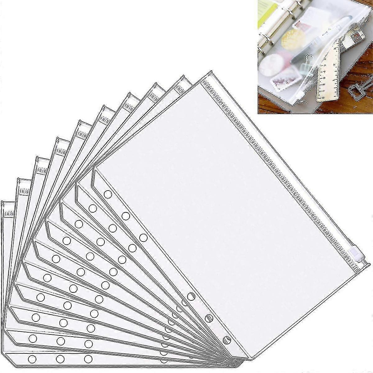 10pcs A5 Size 6 Holes Binder Pockets Translucent Plastic Binder Zipper Folder Leaf Pockets