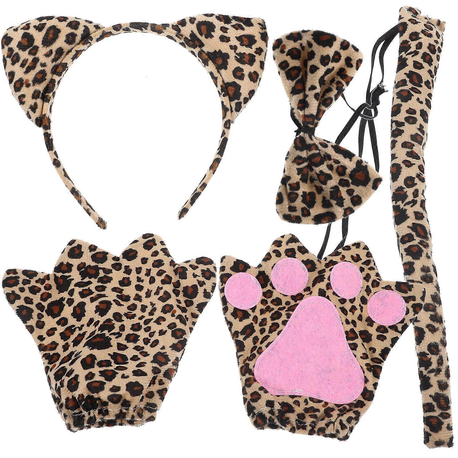 Animal Design Cosplay Set With Leopard Ears Gloves and Bow Tie Ideal For Halloween Celebrations 1 Set