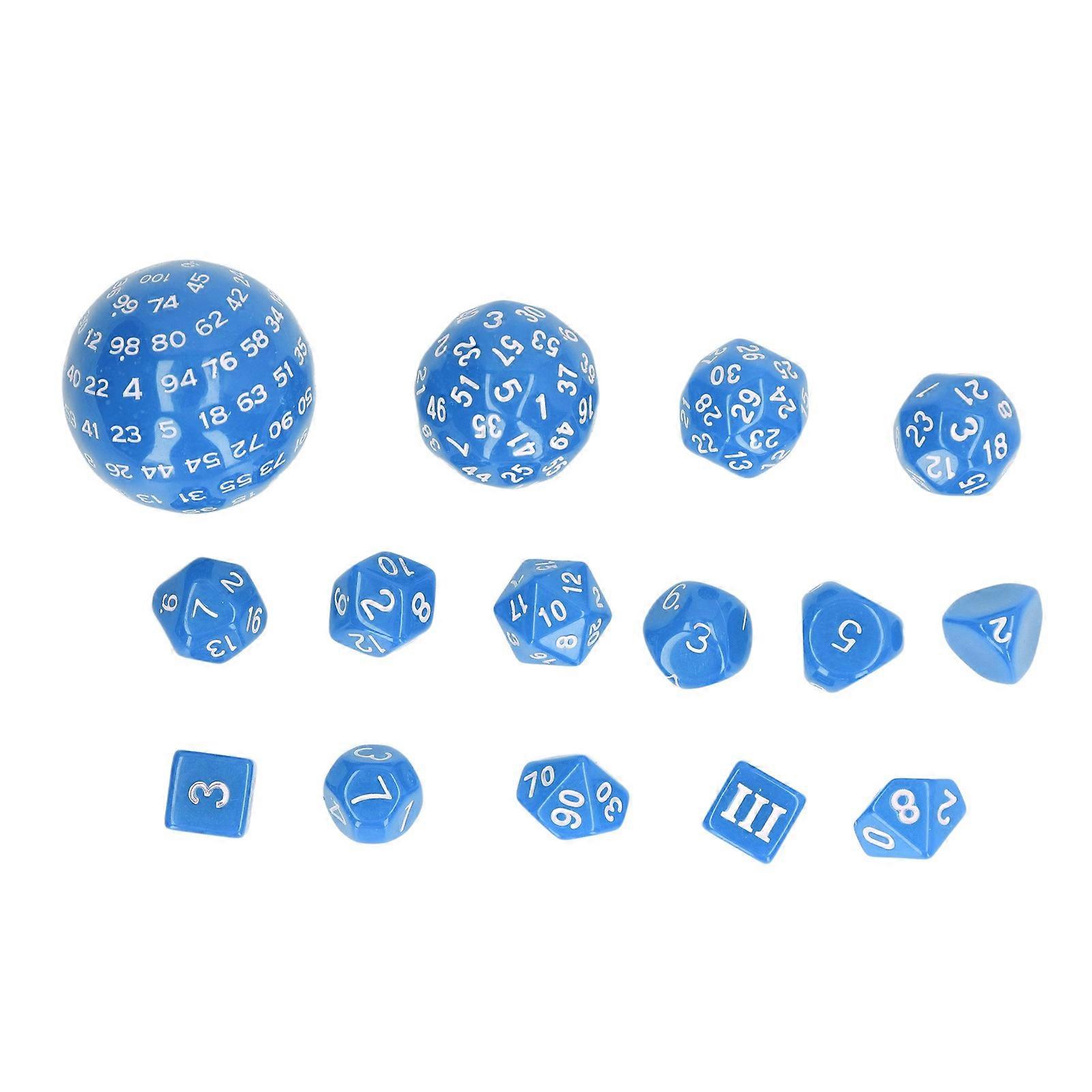 Blue 15-Piece Acrylic Polyhedral Dice Set for RPGs and Parties (D3-D100)