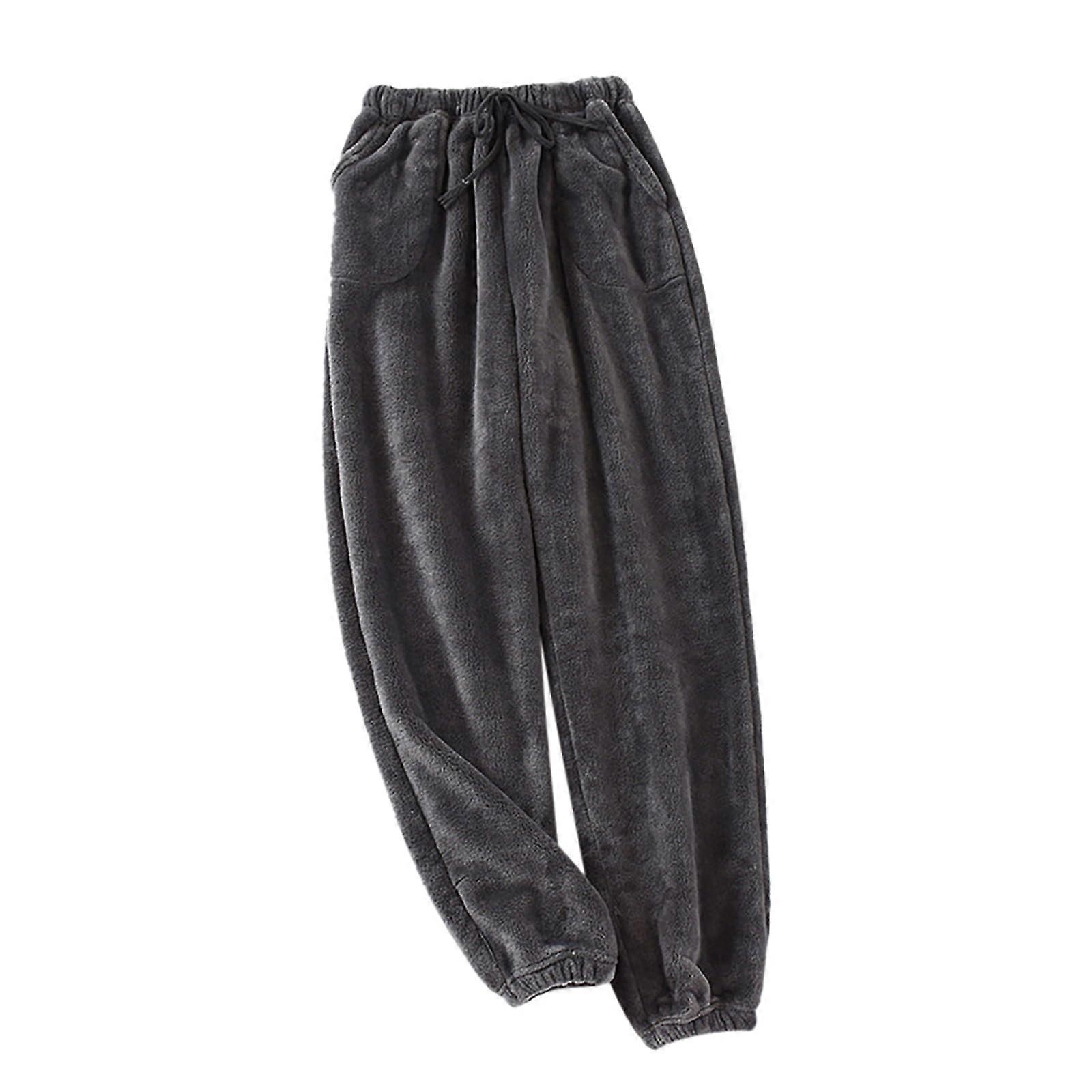 Men's Long Pyjama Bottoms Gray XXL Fleece Fluffy Plush Sleepwear Soft Flannel Loungewear Trousers with Belt and Pockets