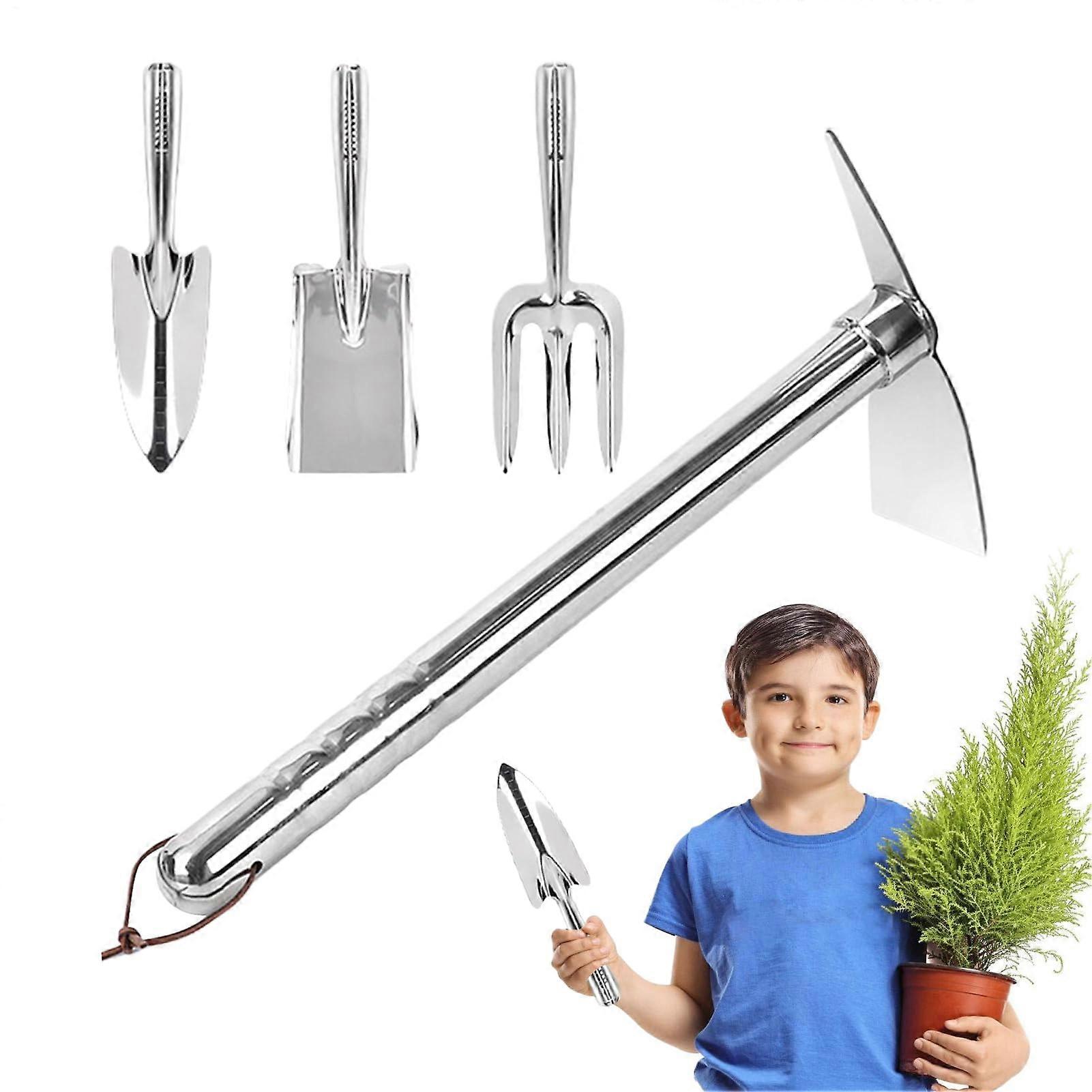 Stainless Steel Hoe and Weatherproof Digging Forks, 4-Piece Garden Tool Set, Durable