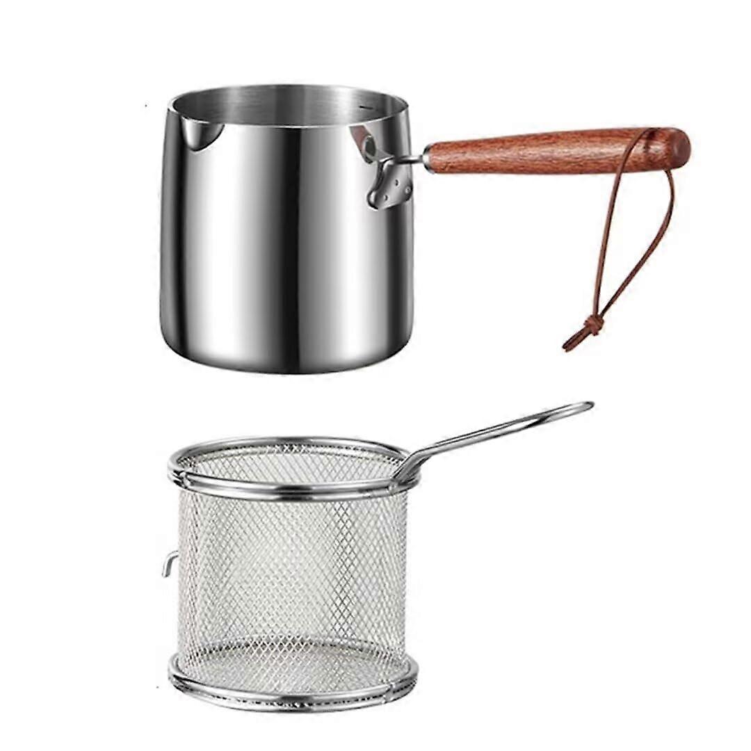 Milk Pot With Wooden Handle, 900ml 304 Stainless Frying Pot With Filter Basket, Pour Spout, Gas Induction Compatible, 2-Piece