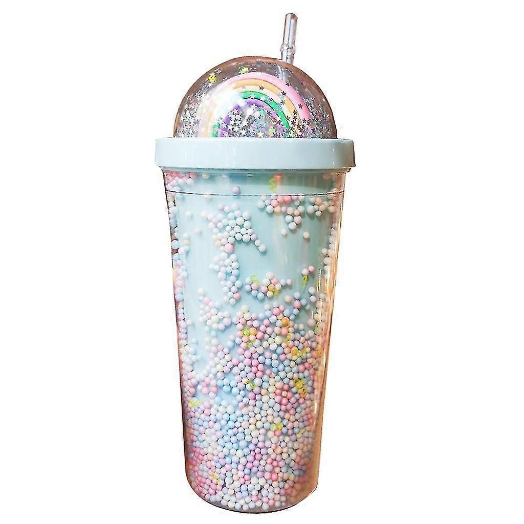 550ml Rainbow Plastic Water Bottle Double Layer Sequins Drinking Cup with Straw