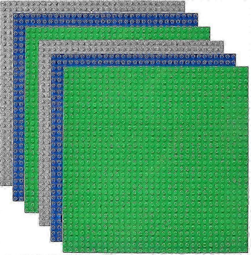 6 Pack of 10x10 Inch Classic Baseplates in Green, Blue & Grey - Compatible with All Major Building Block Brands