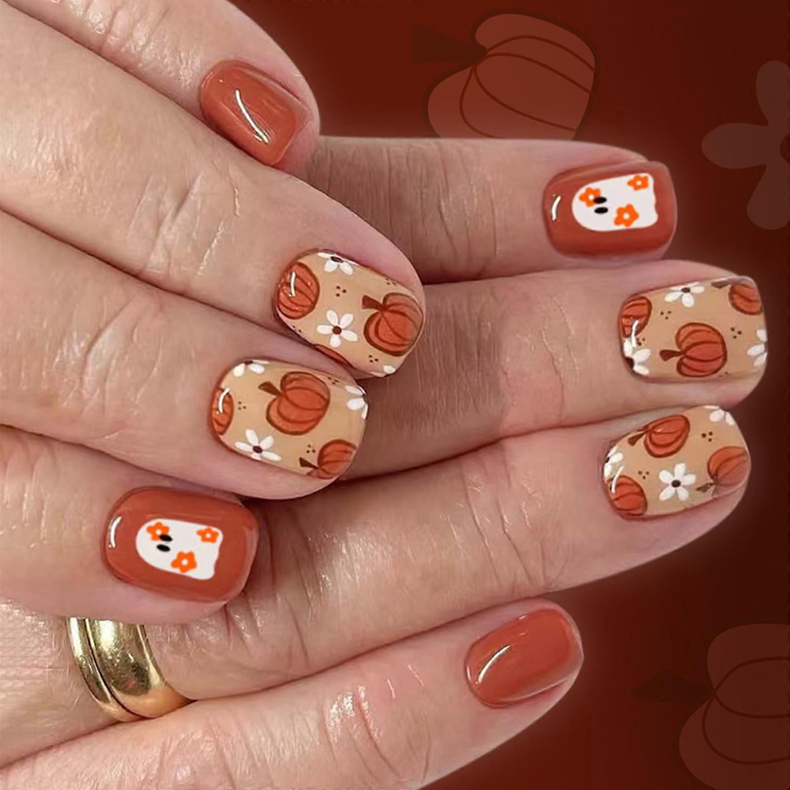 Sparkling French Design Press On Tips Halloween Pumpkin Pattern Short Square Manicure Tips 24Pieces Not Require Adhesive Multicolor