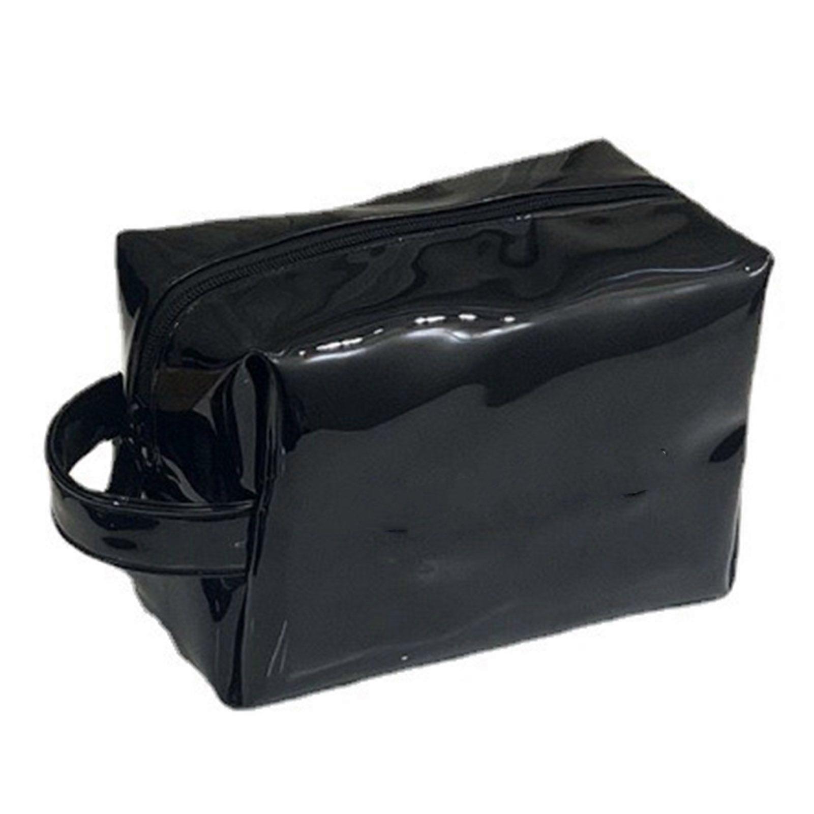 Makeup Bag Pure Color PU Patent Leather Large Capacity Portable Toiletry Bag Fashionable Cosmetic Bag for Travel Black