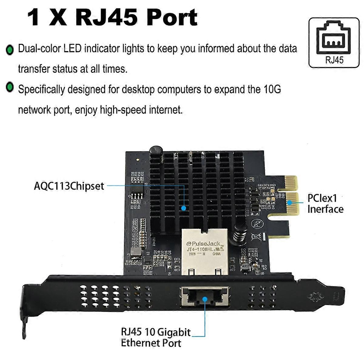 New PCIe X1 to 10Gbps Single Port RJ45 Network Card AQC113 1G/2.5G/5G/10Gbps Support PXE Wired LAN Win10/11 Desktop