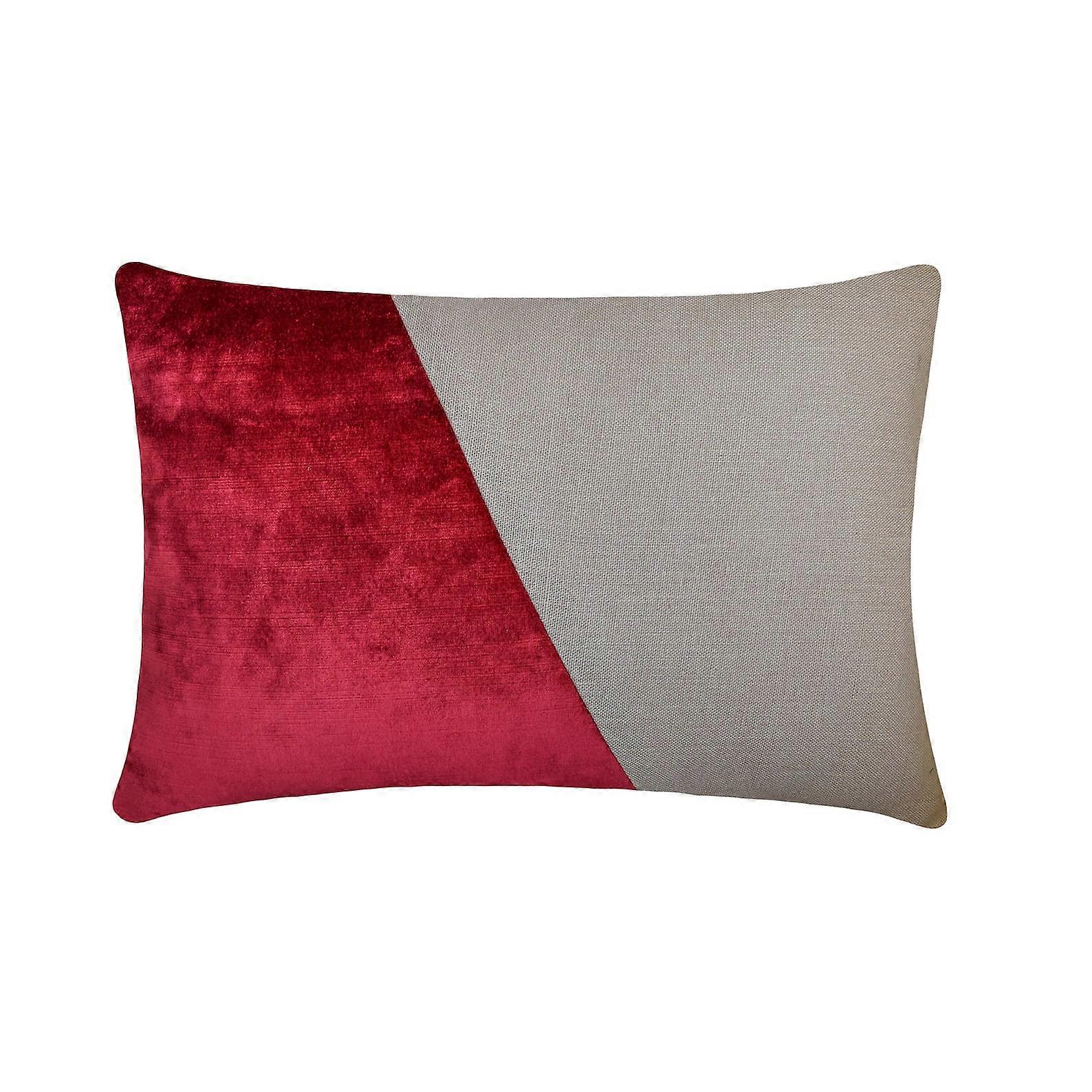 Handmade Cranberry 12"x16" Lumbar Pillow Cover, Velvet & Linen Solid Color Block, Patchwork Pattern Modern Style