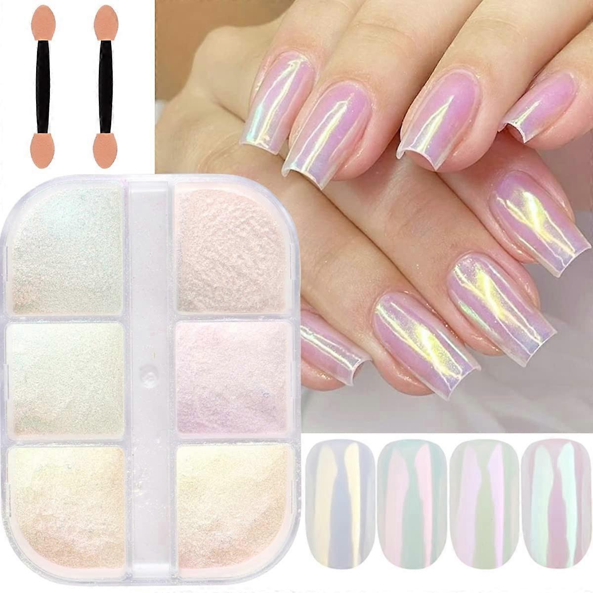Chrome and Pearl Nail Powder Set with Mirror Shine Effect, Aurora Glitter, 6 Colors with Brush