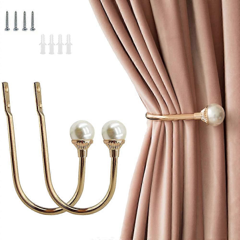 2 Pack Gold U Shape Curtain Holdbacks with Pearl Accent, Wall Mounted Tiebacks for Heavy Curtains