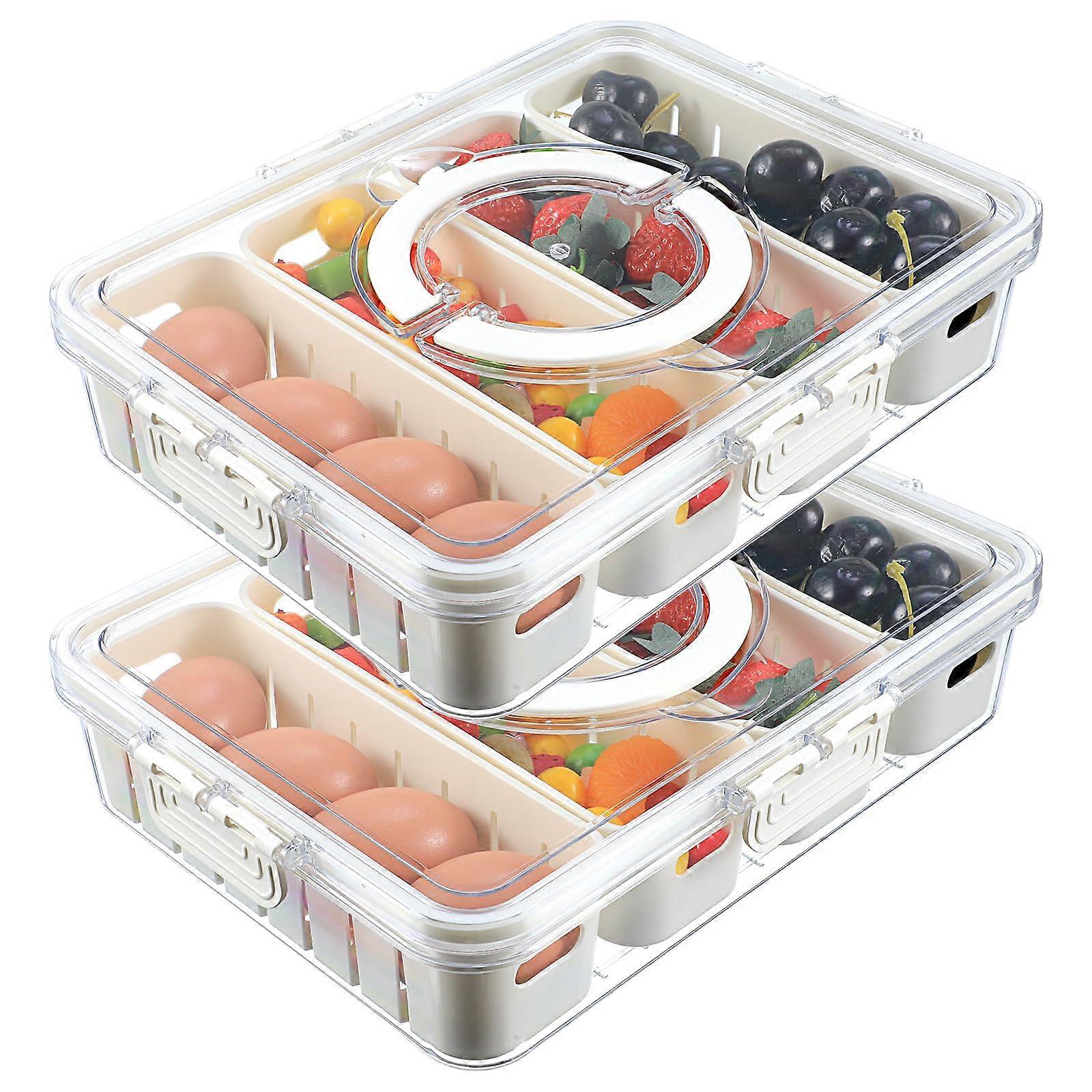 2 Pack Divided Serving Tray with Lid and Handle, 4 Compartment Snack Storage Container for Fruit, Veggies, Candy