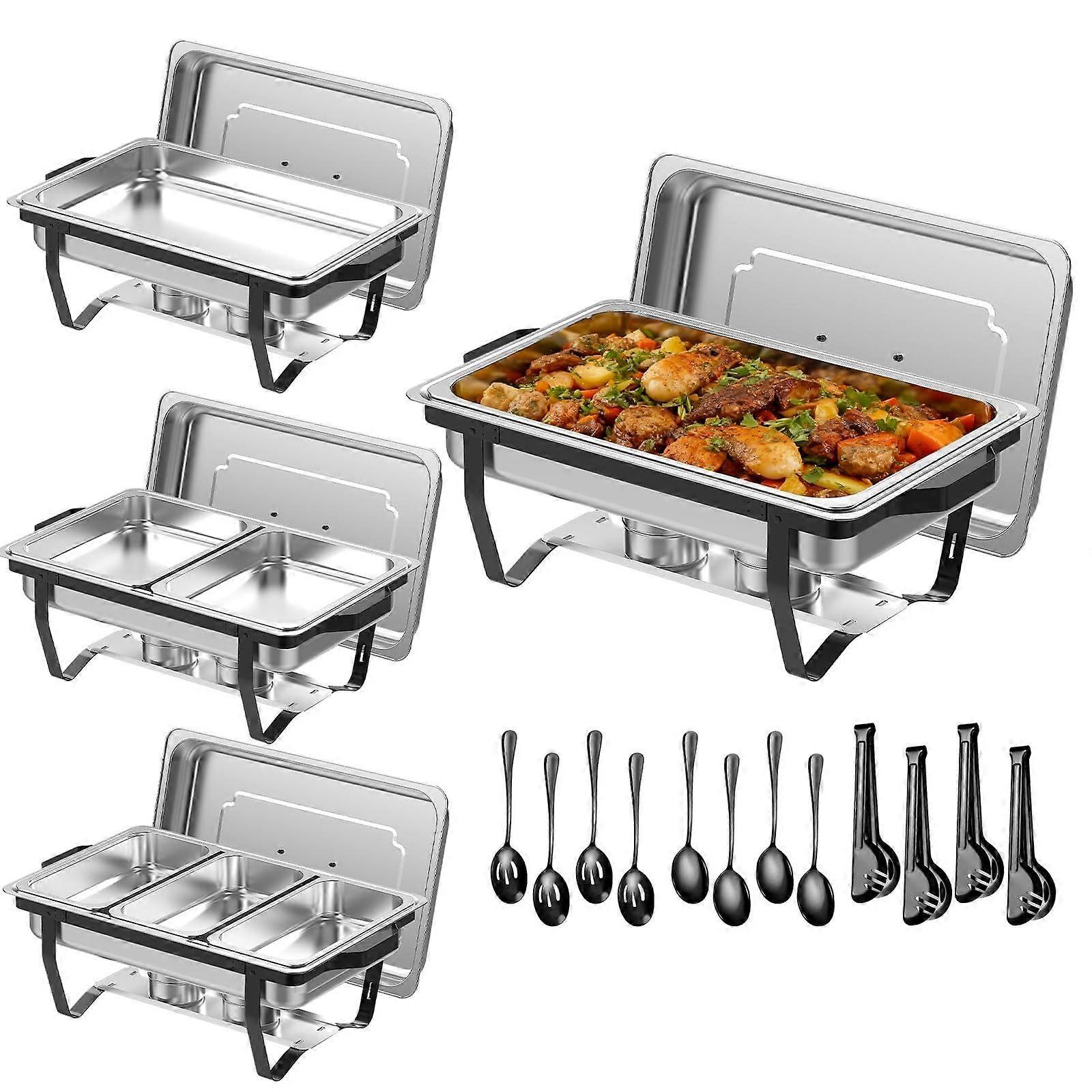 4 Pack 9 Quart Black Chafing Dishes for Buffet with Gold Utensils, Wedding Catering Serving Set