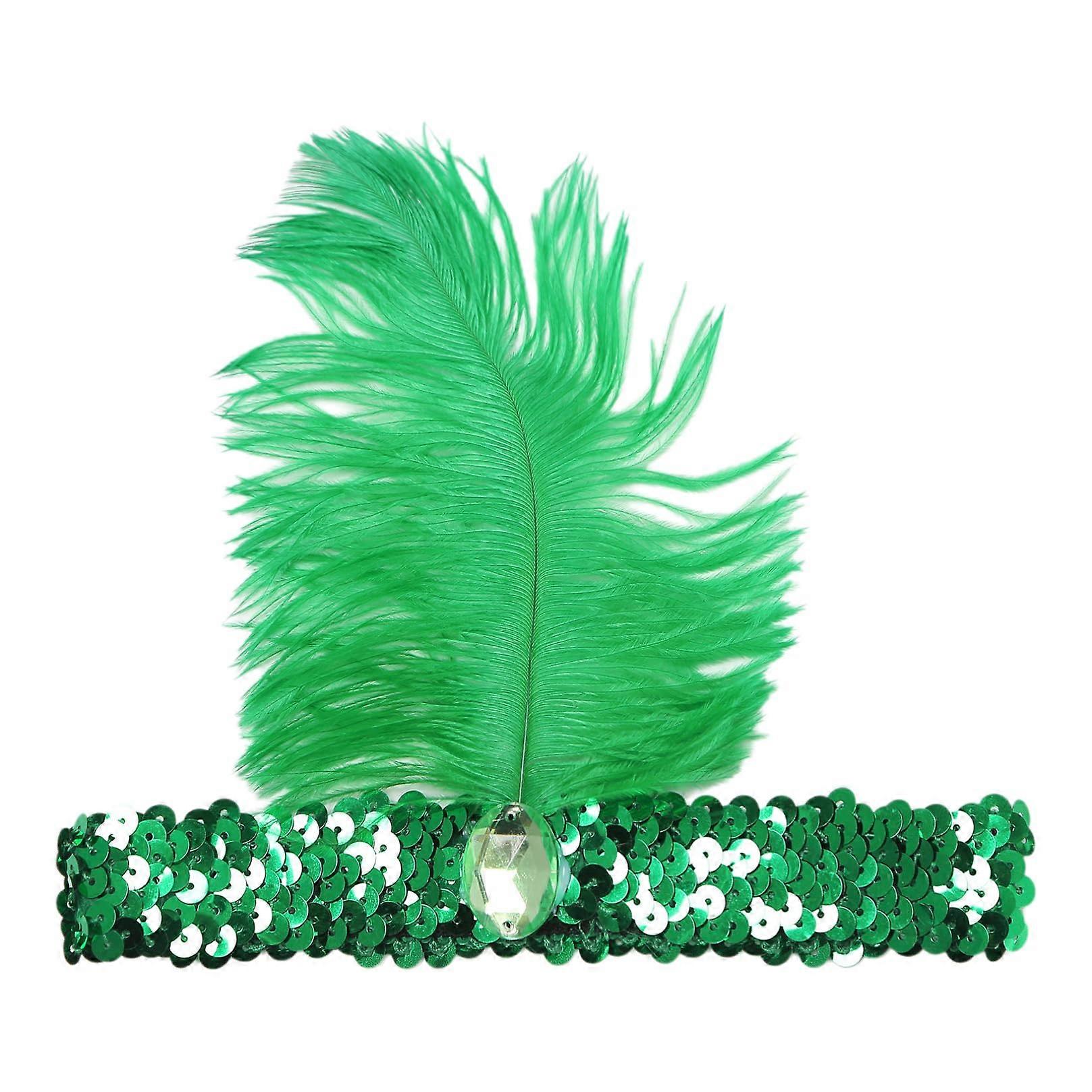 1920s Green Flapper Headpiece with Shimmering Sequins and Bold Feather Accent