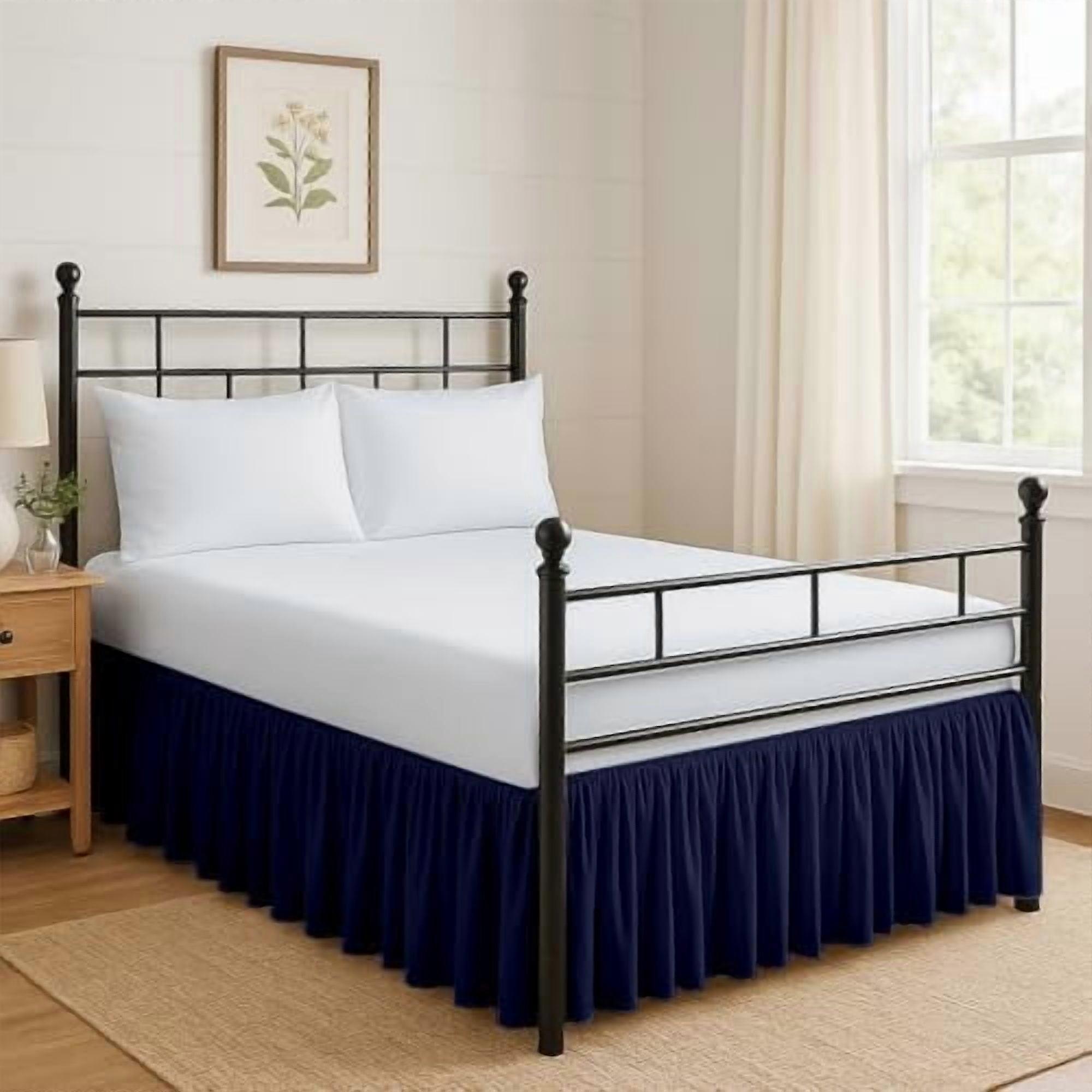 Ruffled Bed Skirt with Split Corners & Platform, Wrinkle-Free Microfiber, 14" Drop, Full, Navy Blue