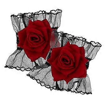1 Pair Black Gothic Lace Gloves Rose Corsage Lolita Hand Sleeve Elastic Bracelet Women Victorian Accessories for Wedding Halloween