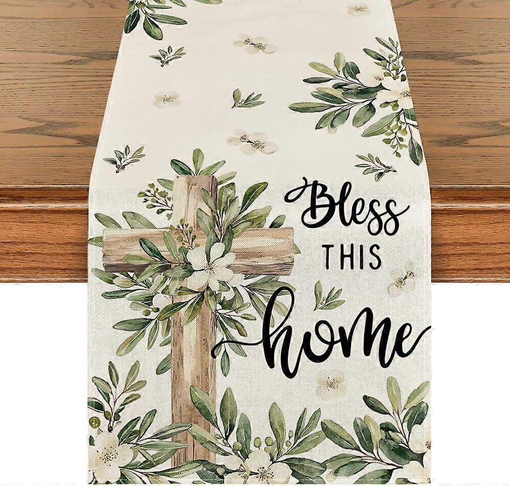 Cross Olive Leaves Spring Table Runner,Seasonal Summer Easter Kitchen Dining