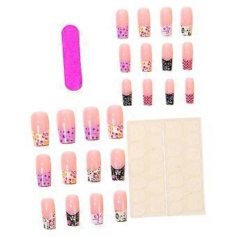 Mixed Design Press On Manicure Nail with Floral French Edge, Geometric Dot Art and Soft Pink Base, 24 Piece Square Set with 12 Sizes for Daily Wear