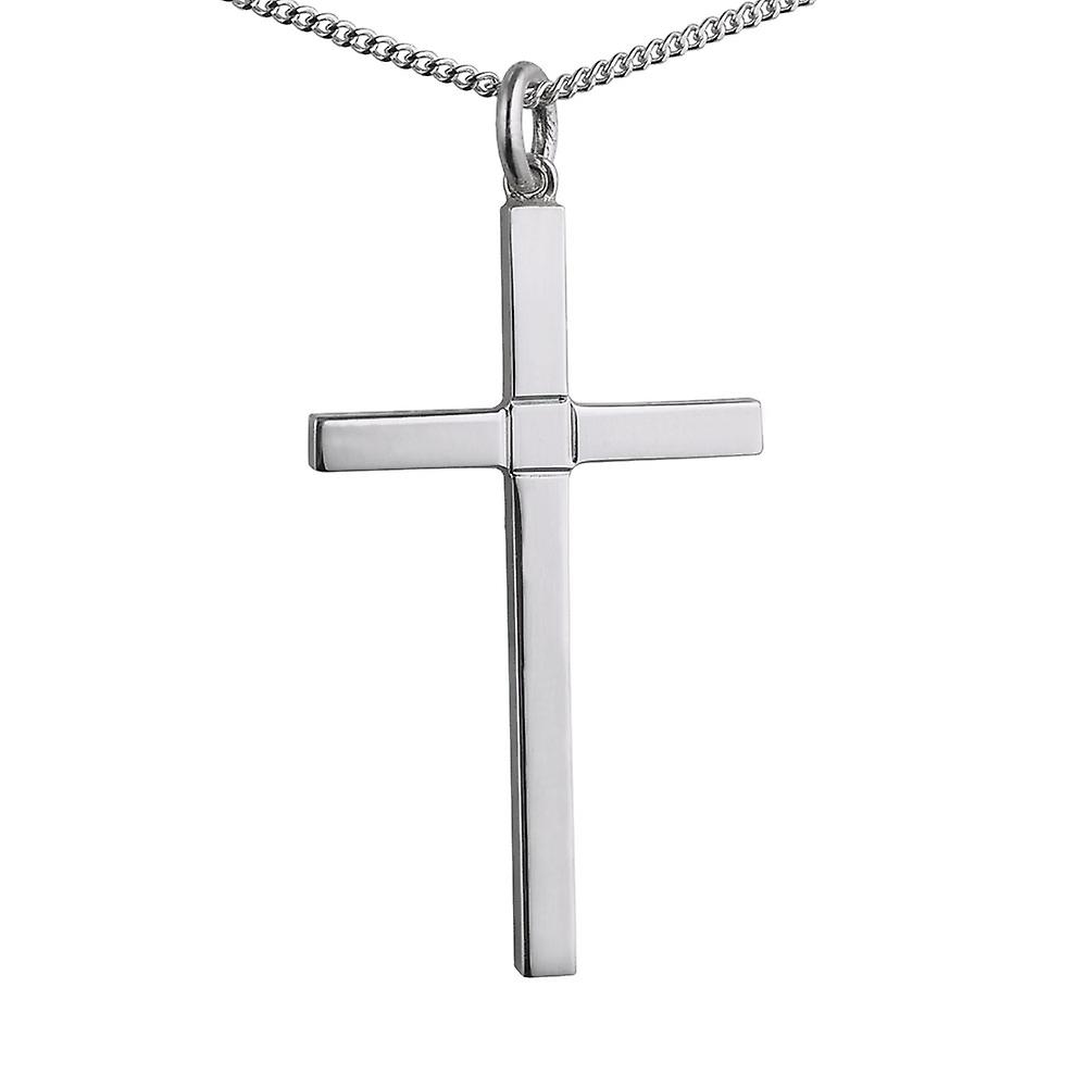 Silver 40x24mm engine turned centre square solid block Cross with a 1.3mm wide curb Chain 18 inches