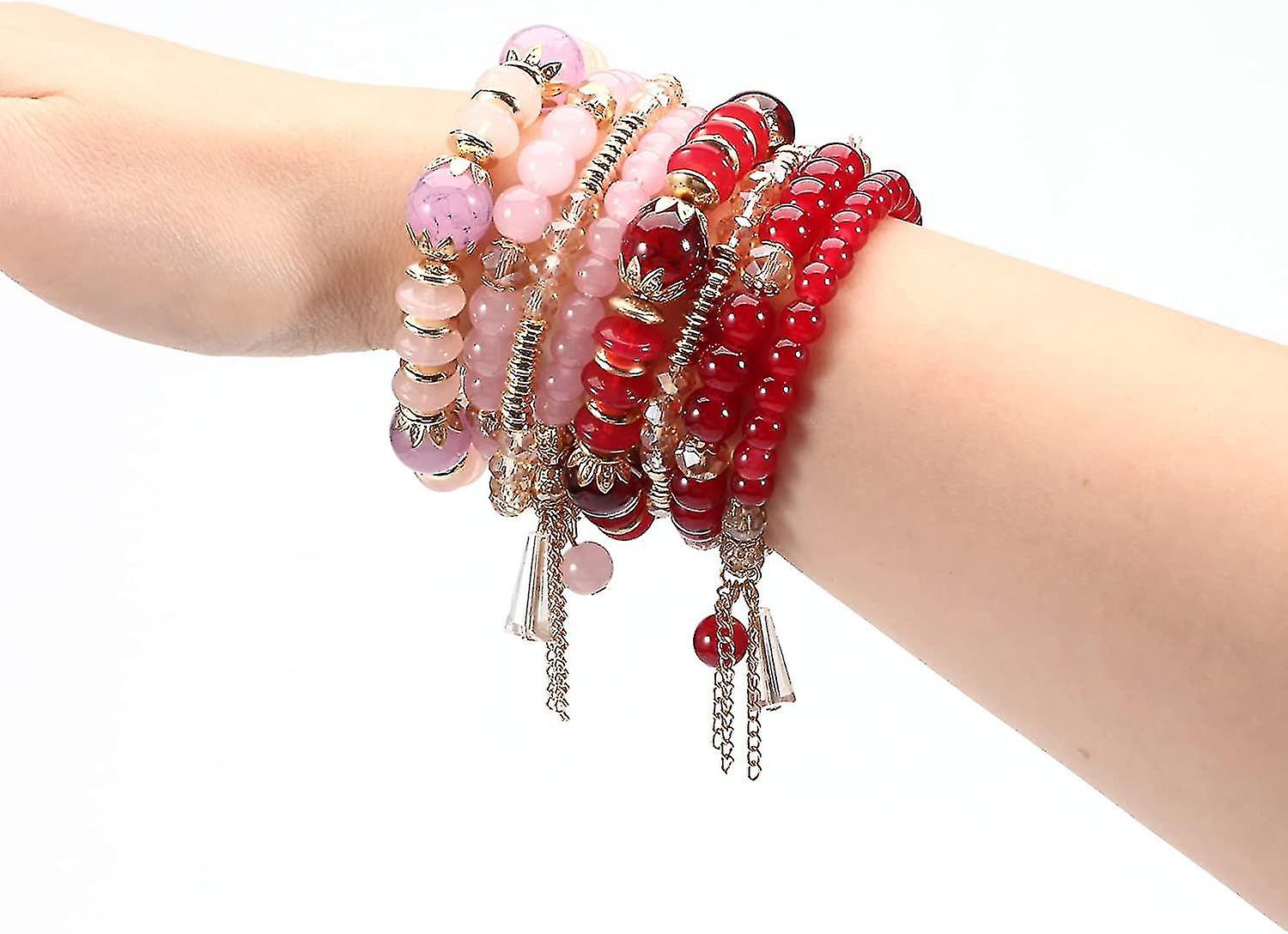 8 Packs Beaded Bracelet Bohe Multilayer Chain Tassel Stackable Charm Stretch Statement Bracelet Set
