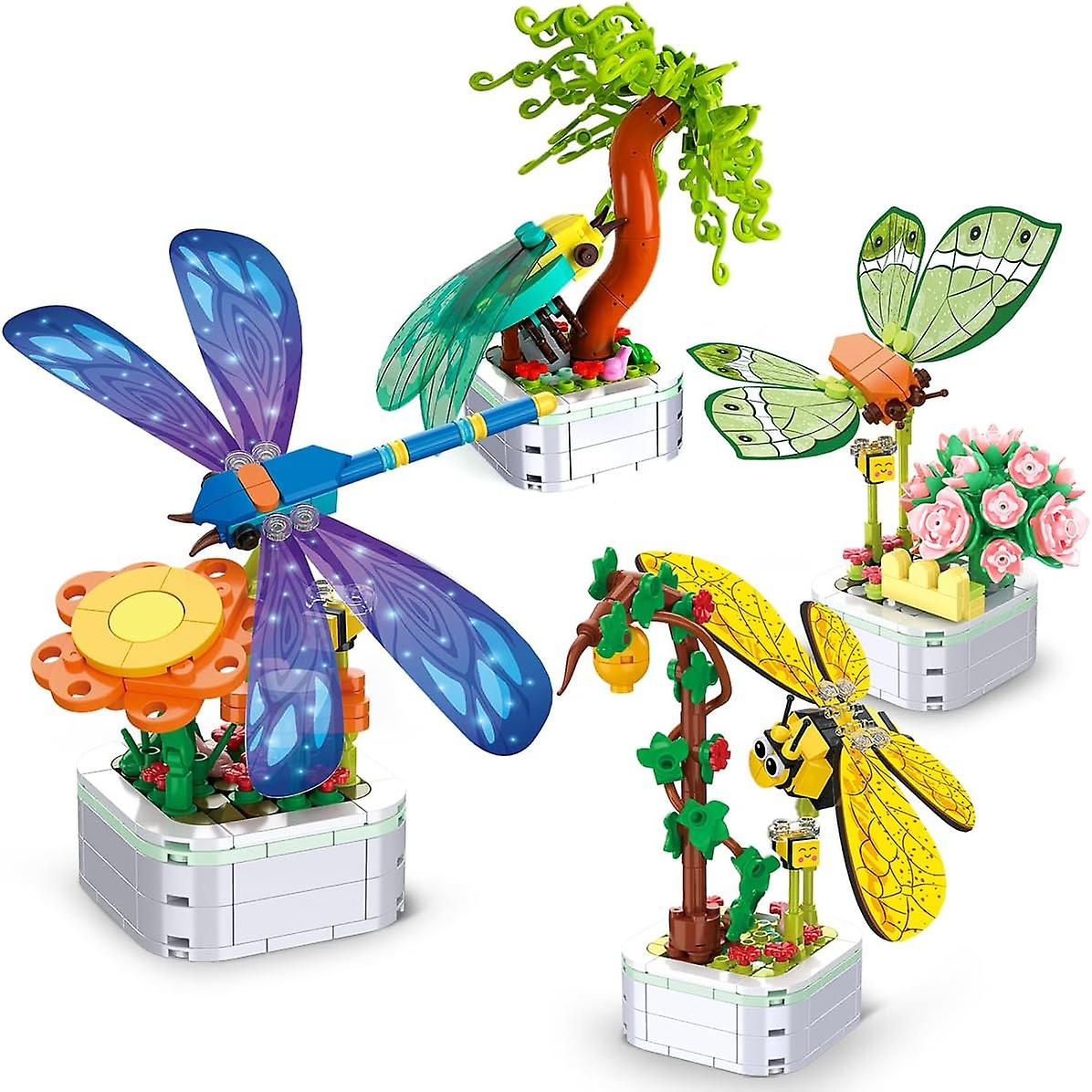 Insect Collection Building Set,Butterfly Dragonfly Bee Potted Flowers Model