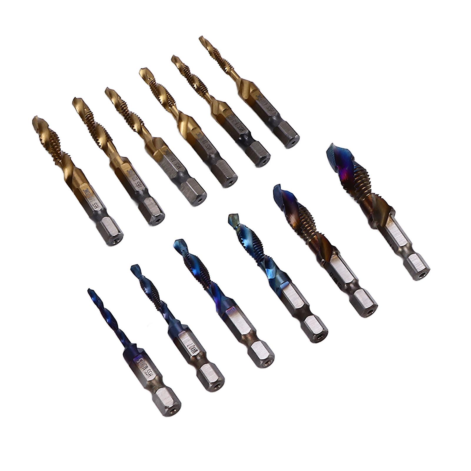 12Pcs Combined Tap Drill Bit Set HSS Metric Blue Plating Imperial Ti Plated 1/4in Hex Shank