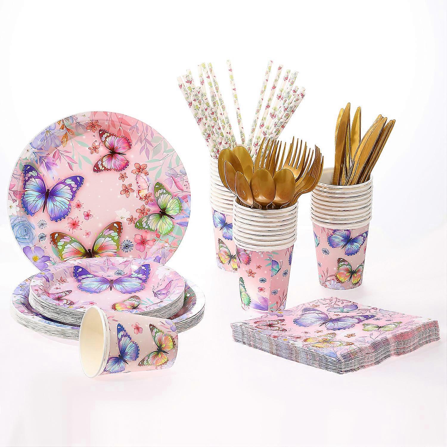 Fournitures de fête d’anniversaire papillon - La vaisselle des décorations de fête de papillon comprend une assiette en carton, une serviette de table, une tasse, des couverts jetables, une douche de bébé papillon