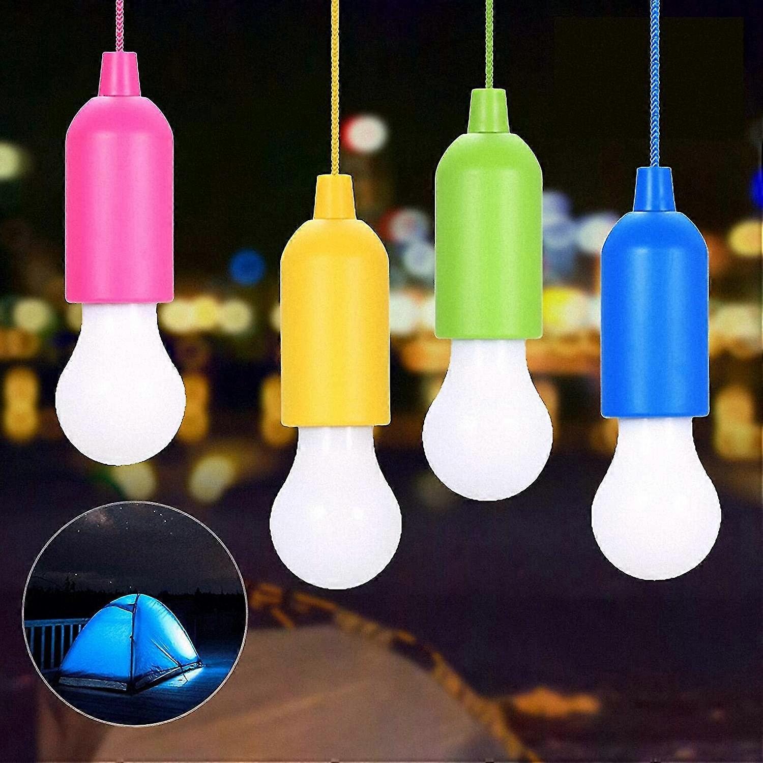 4 Pack Portable Led Camping Lights With Pull Switch, Colorful Bulbs White Led Lights
