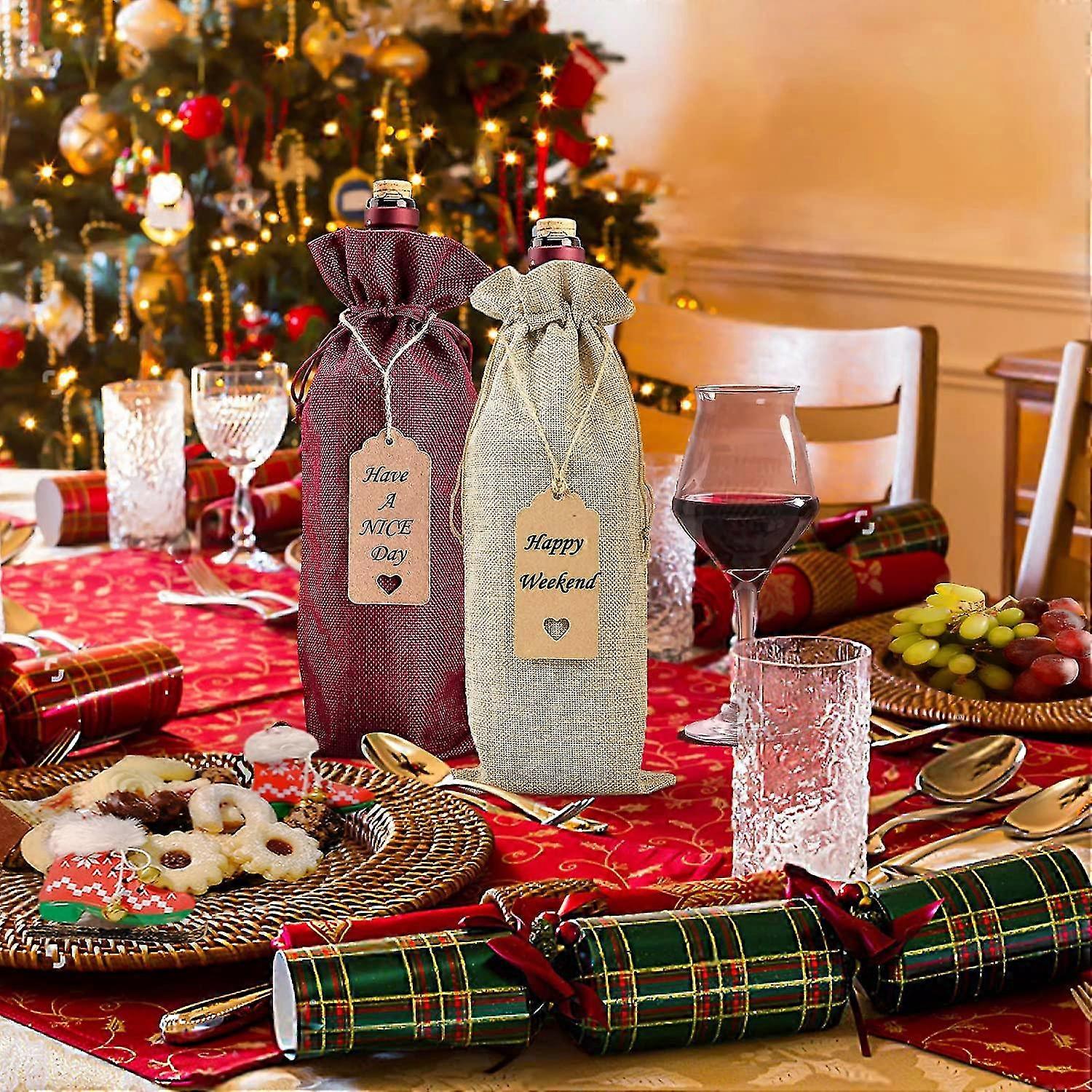 12 Pieces Burlap Wine Bag With Drawstring (red And Raw Hemp)