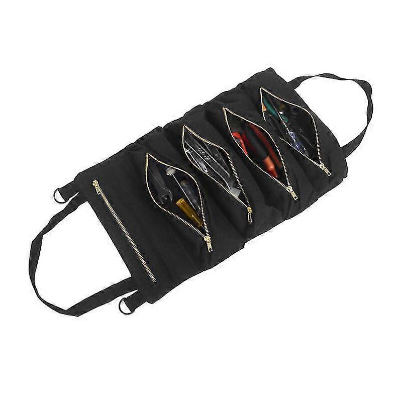 Tool Roll Up Bag With 5 Zipper Pockets Multipurpose Wrench Roll Pouch Canvas Tools Organizer Car Seat Back Storage Hanging Bag First Aid Kit To
