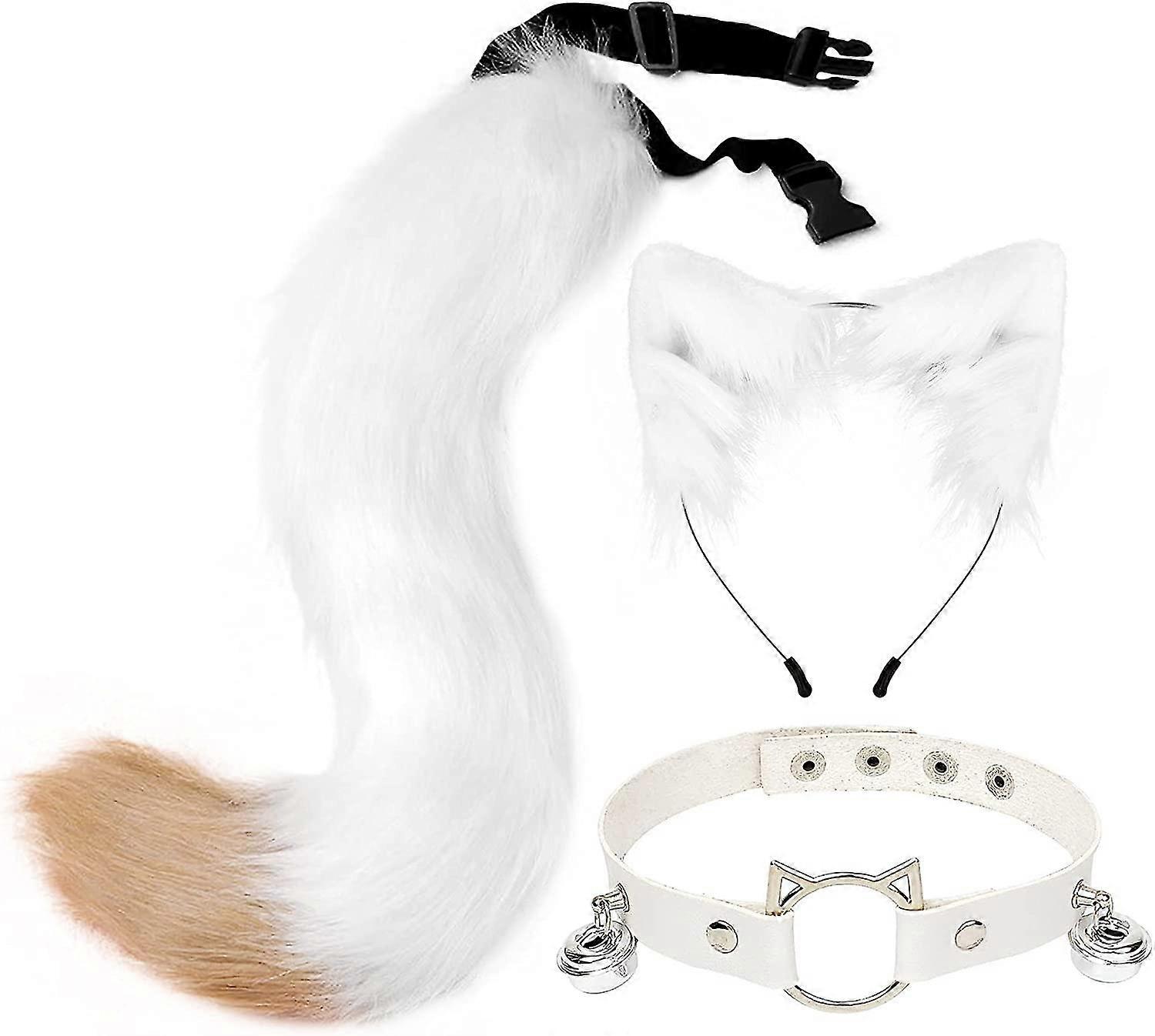 Wolf Fox Tail Clip Ears & Gloves Set, Party Costume Toys With Plush Ears & Jingle Collar