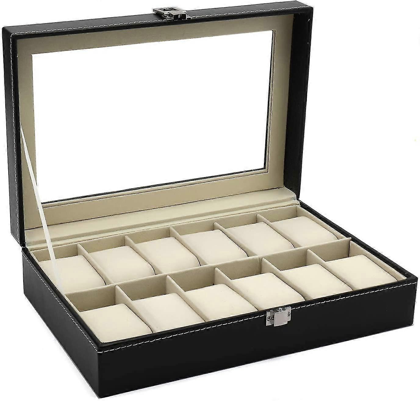 12 Slot Leather Watch Box Display Case Organizer With Framed Glass Lid Elegant Contrast And Removable Pillow For Men And Women Watch And Jewelry Large