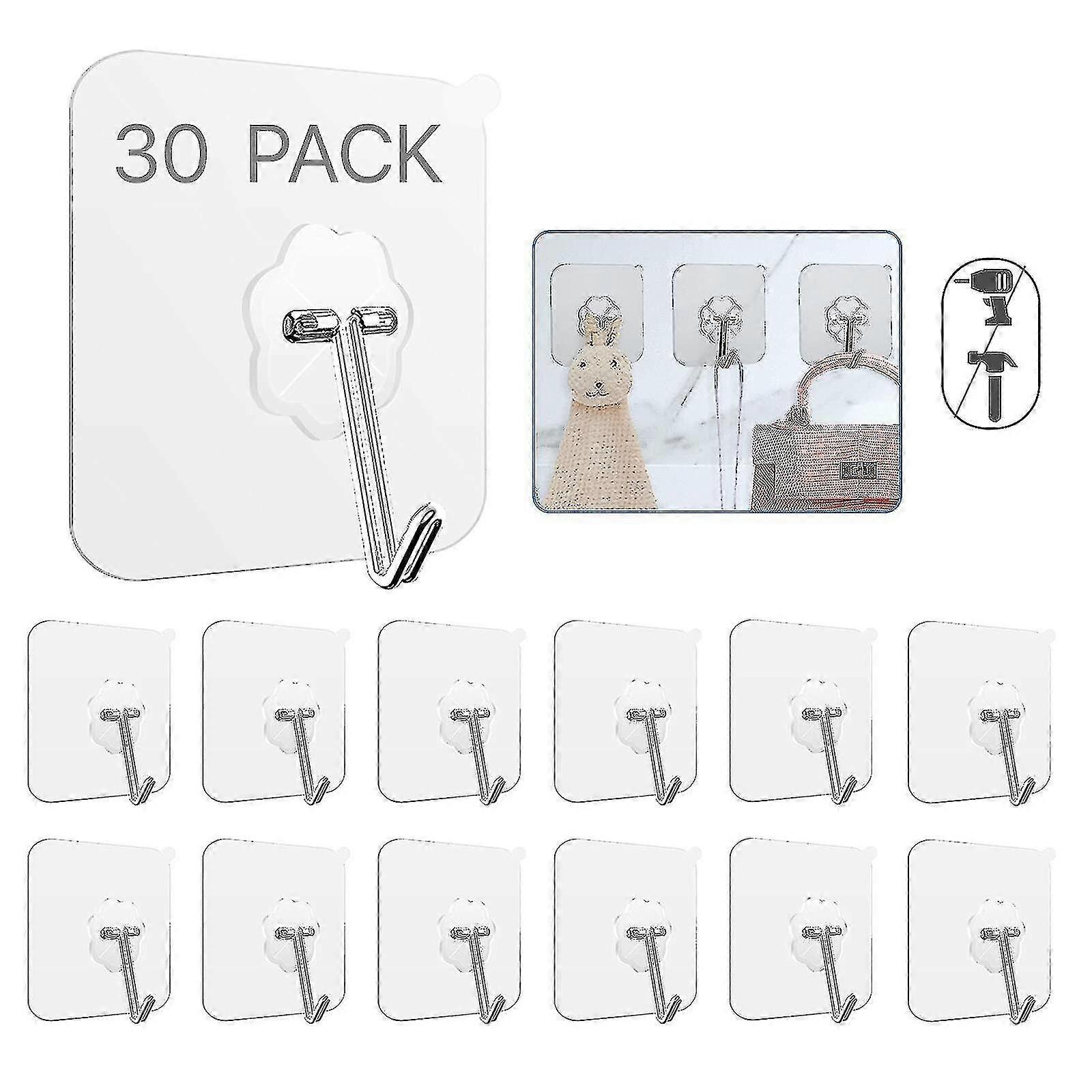30 Pack Adhesive Wall Hooks Heavy Duty Sticky Hooks Reusable Seamless Hanging Hooks Strip