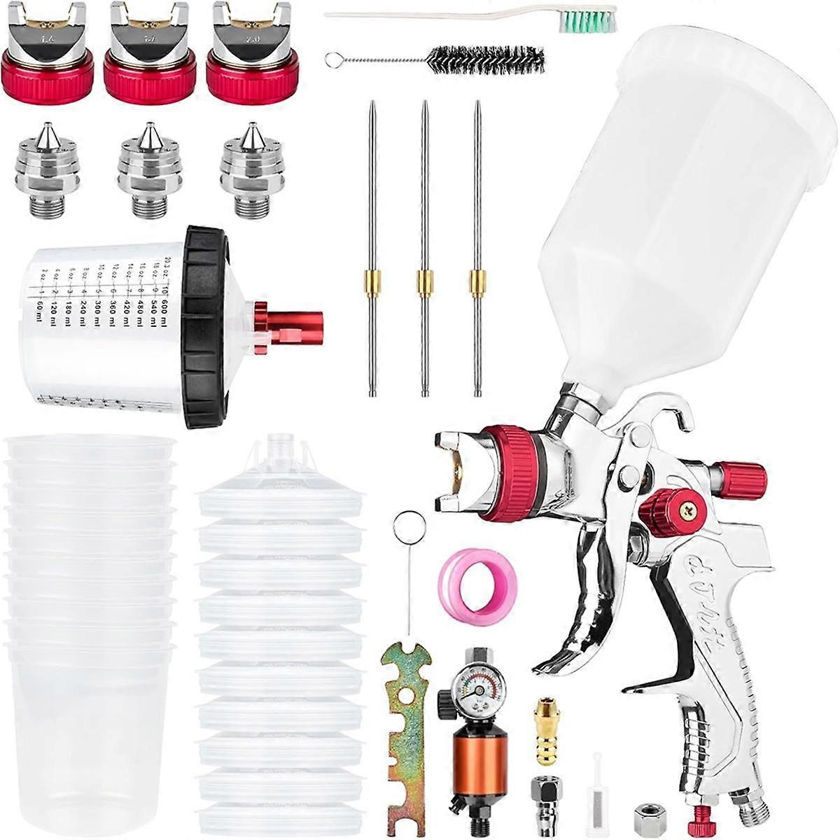 Conjunto de pistola de pulverização de ar HVLP com copo de tinta descartável de 600 cc, com compressor de ar e separador de água/óleo, para pintura de móveis faça você mesmo