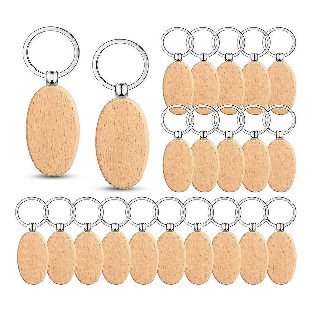 50 Pieces Wooden Keychain Oval Wood Engraving Blanks Unfinished Wooden Key Ring Key Tag for DIY Gif