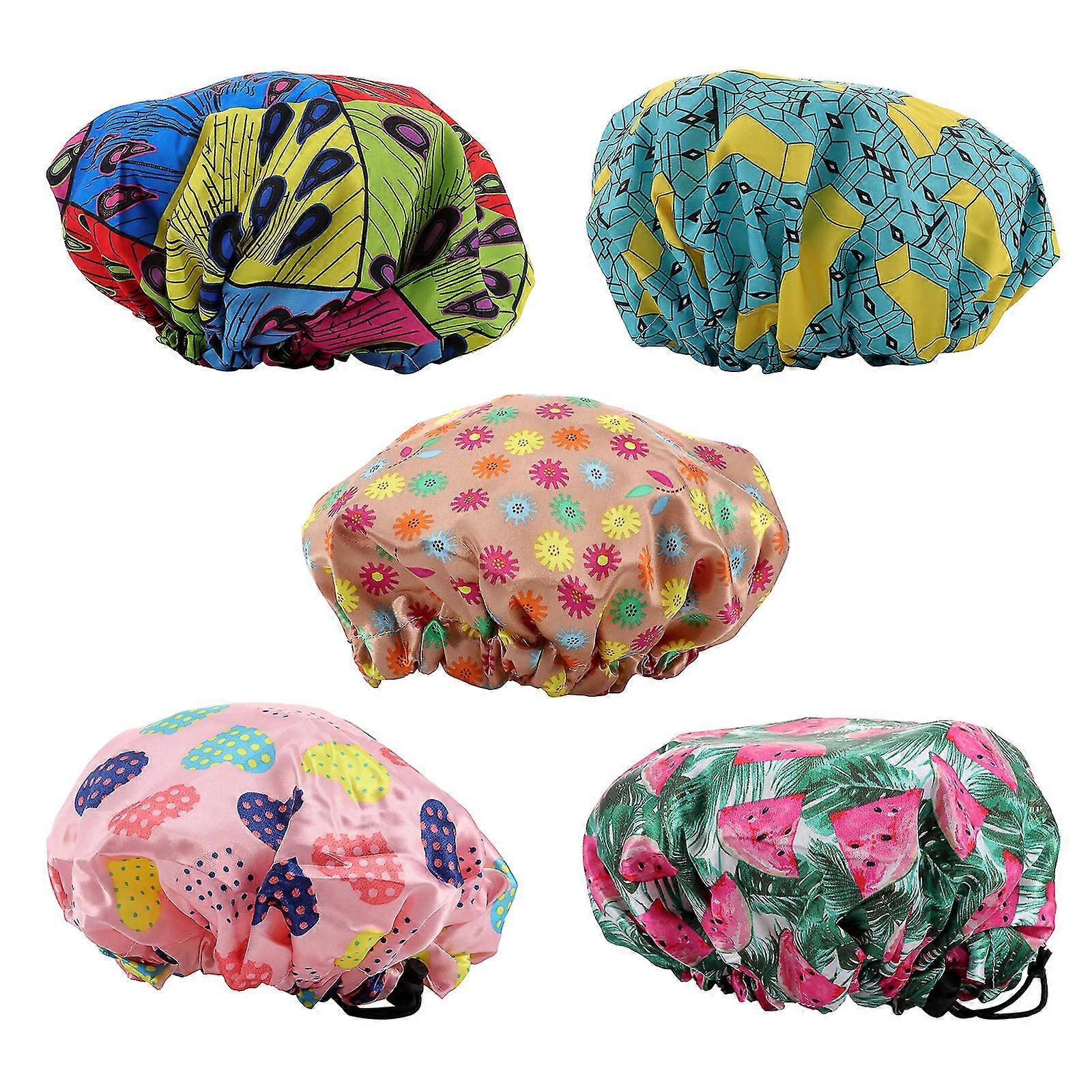 5Pcs Waterproof Bathing Printed Pattern Shower Caps for Bathroom Home-FCY