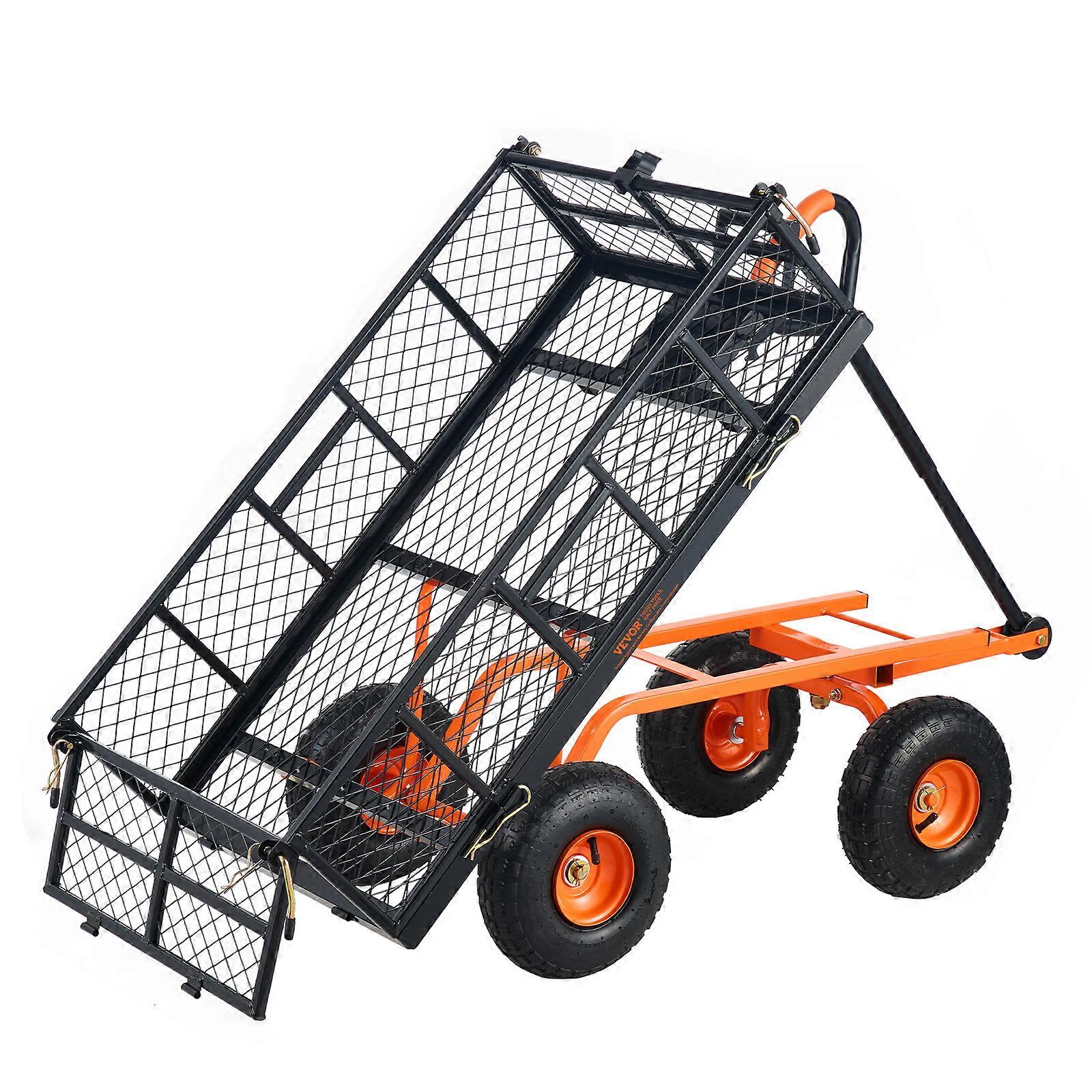 Dump Cart, metalen tuindumpkar met eenvoudig te monteren frame, dumpwagen met 2-in-1 converteerbare handgreep