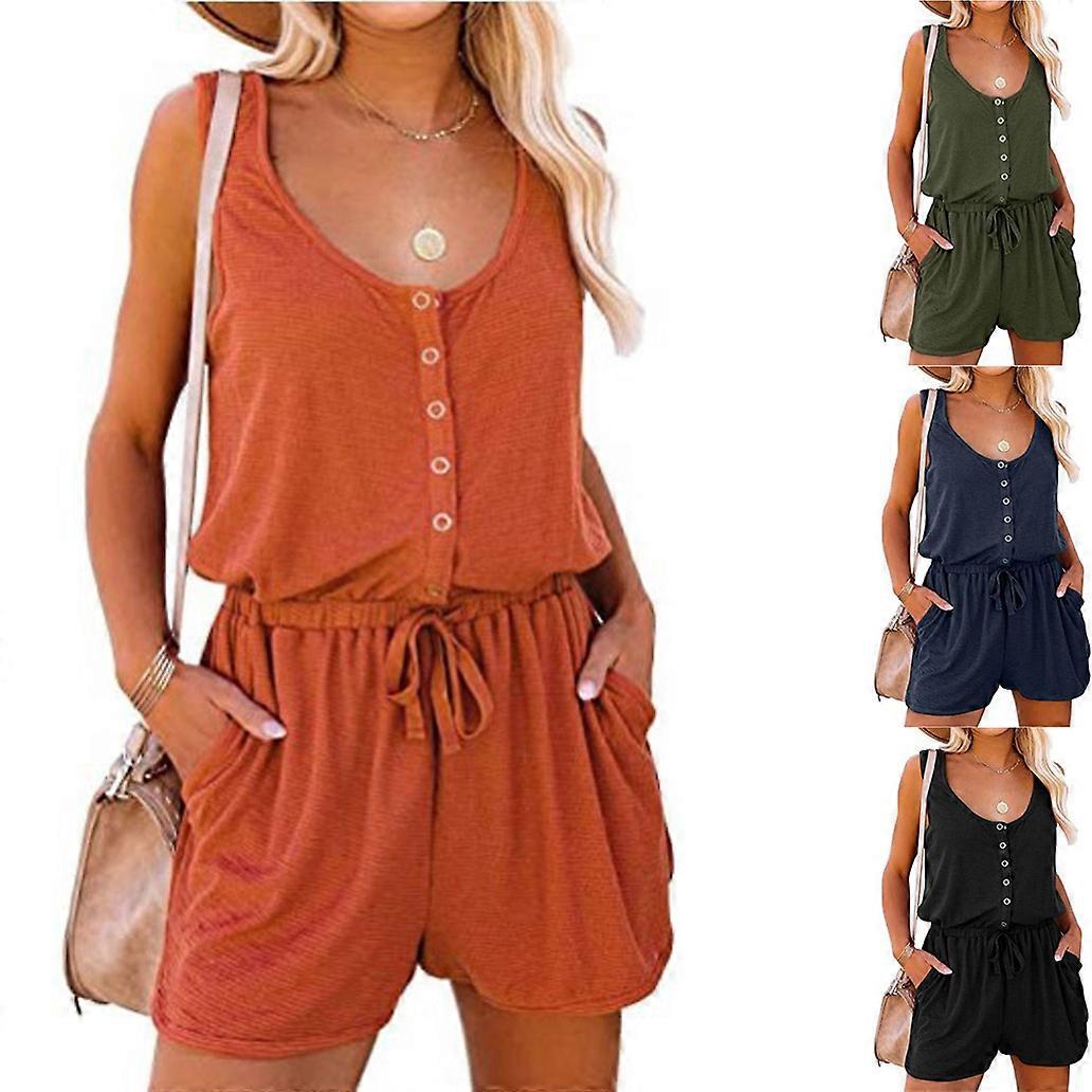 Women Ladies Summer Buttons Tie Knot Playsuit Romper Drawstring Sleeveless Short Jumpsuit